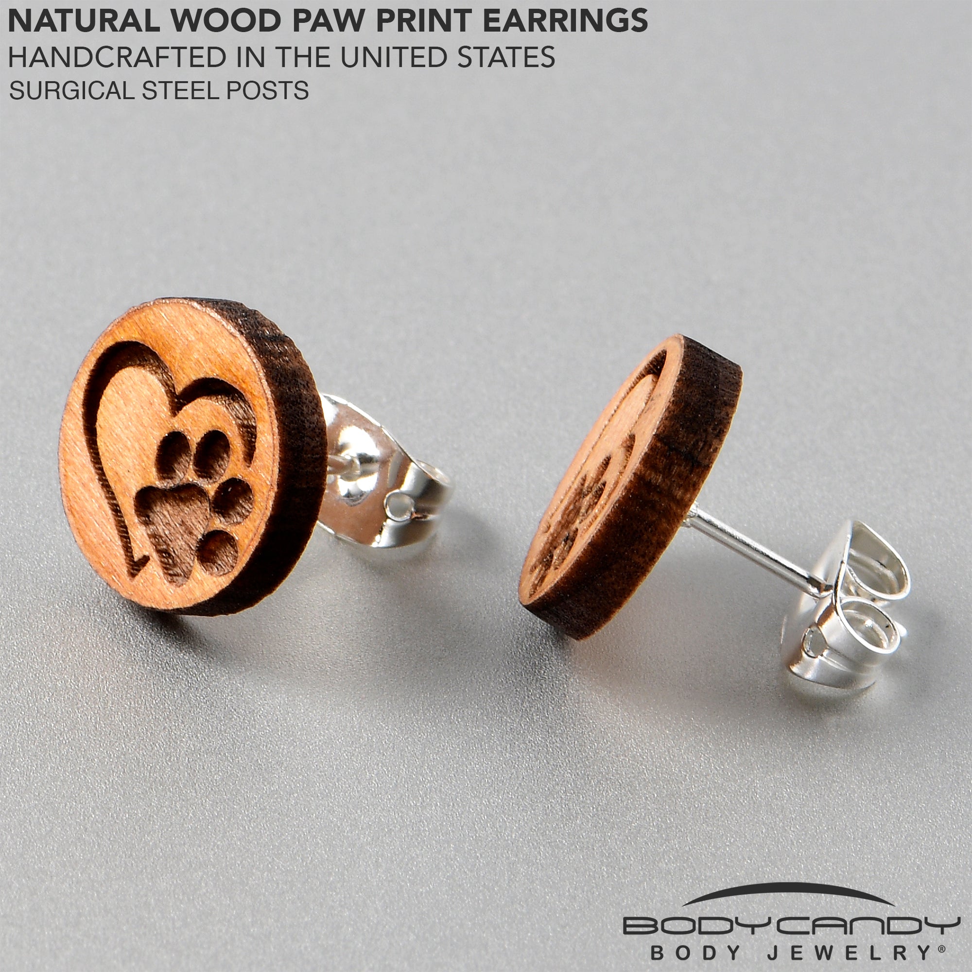 Natural Maple Wood Heart Paw Print Stainless Steel Stud Earrings stylish jewelry