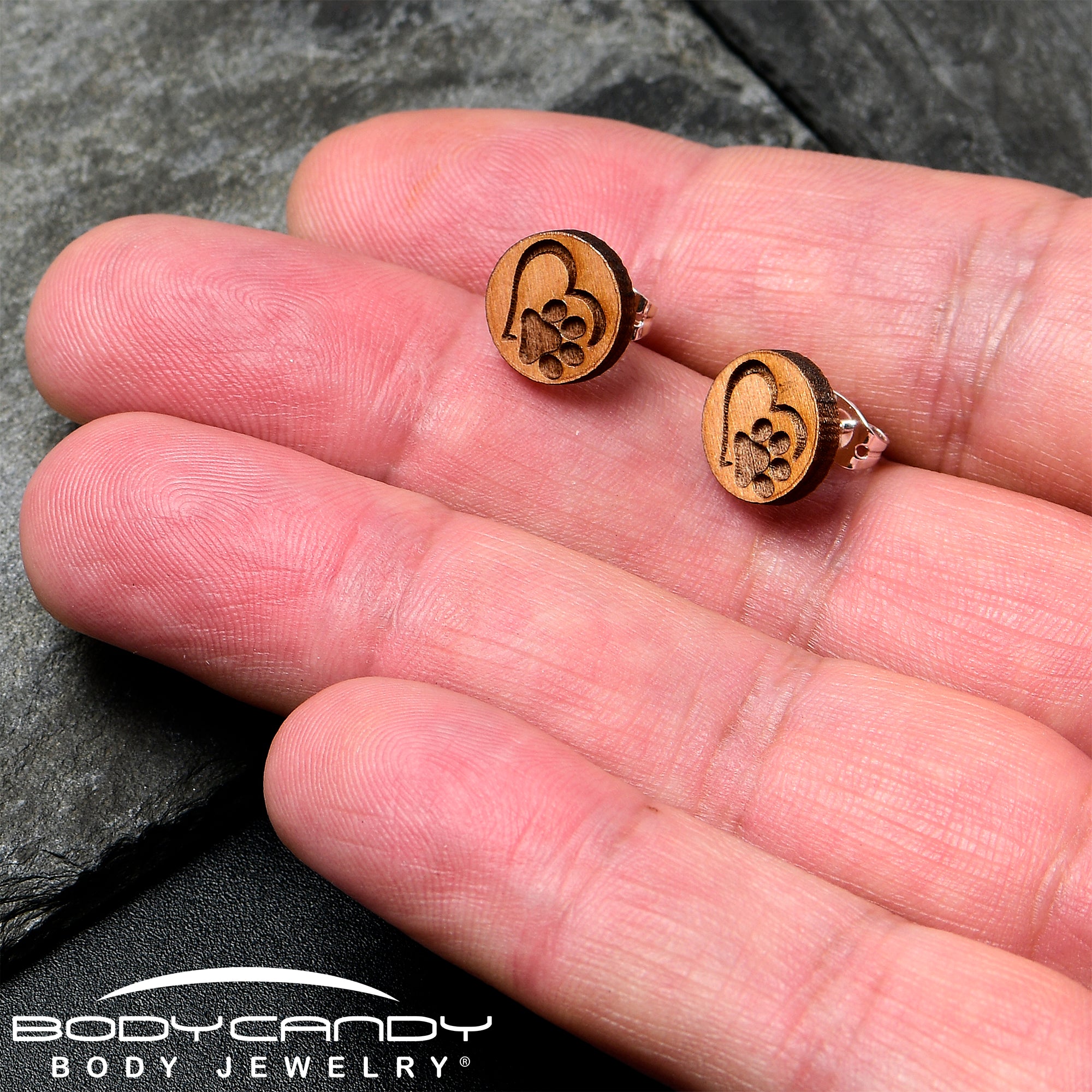 Natural Maple Wood Heart Paw Print Stainless Steel Stud Earrings handmade design