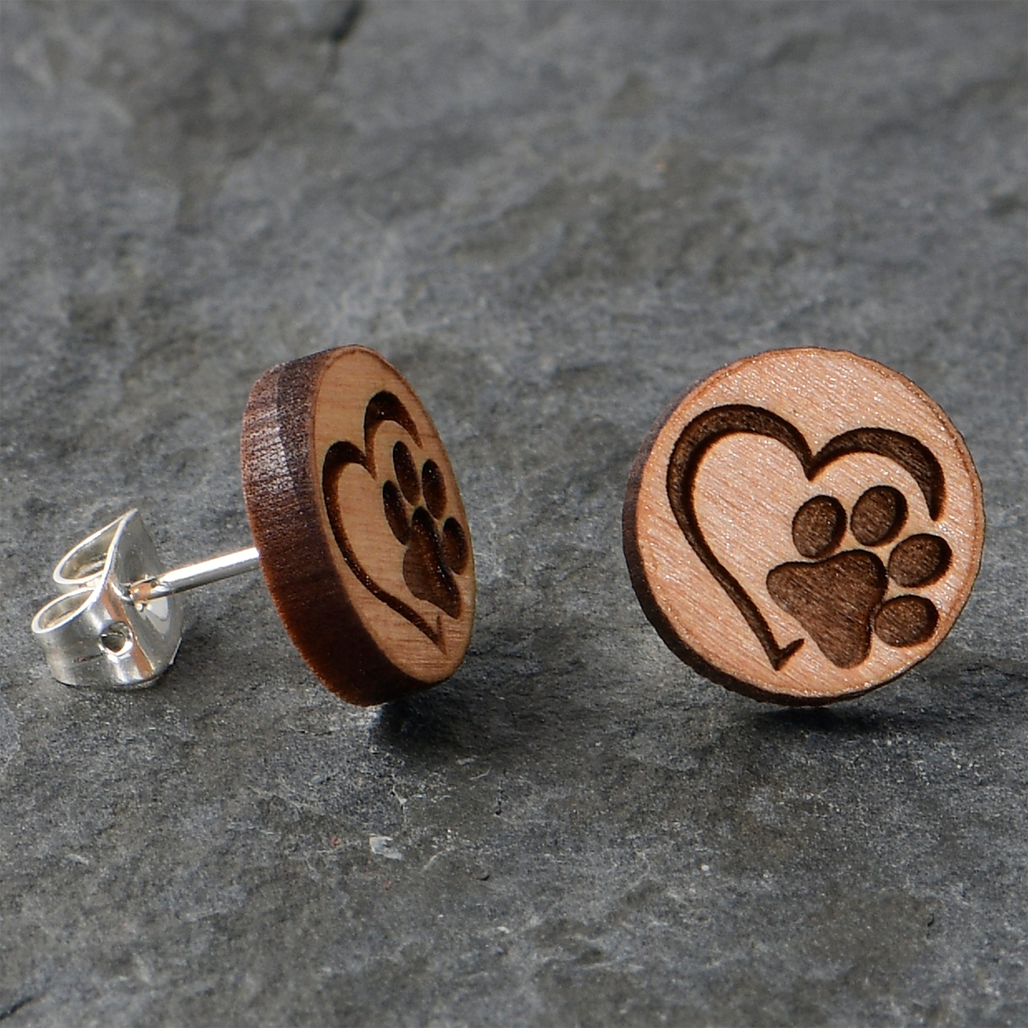 Natural Maple Wood Heart Paw Print Stainless Steel Stud Earrings perfect for sensitive ears