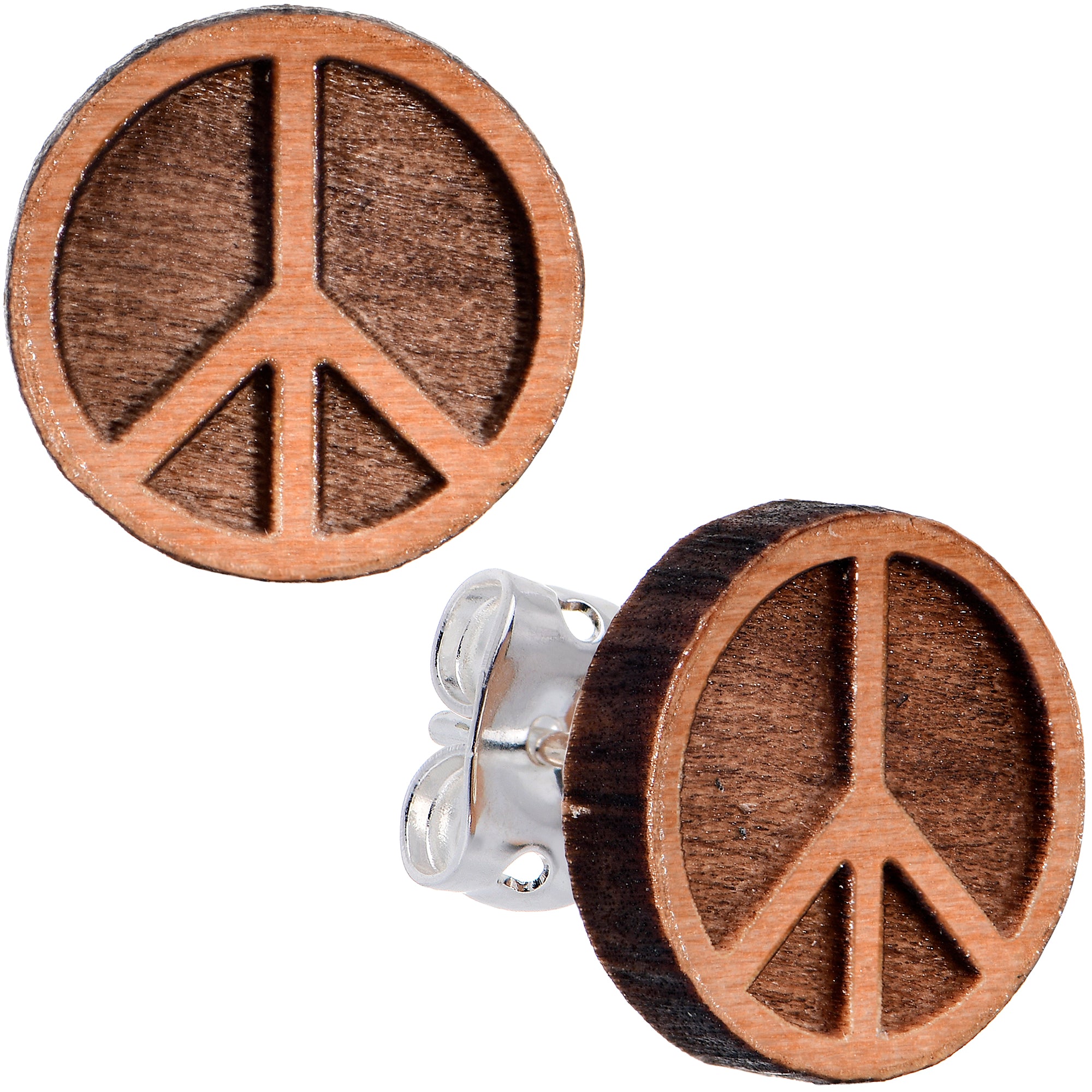 Natural Maple Wood Peace Sign Symbol Hypoallergenic Stainless Steel Stud Earrings