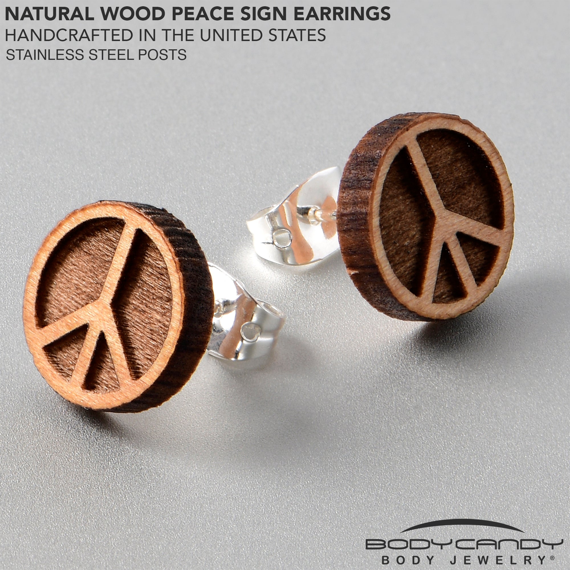 Natural Maple Wood Peace Sign Symbol Stainless Steel Stud Earrings stylish jewelry