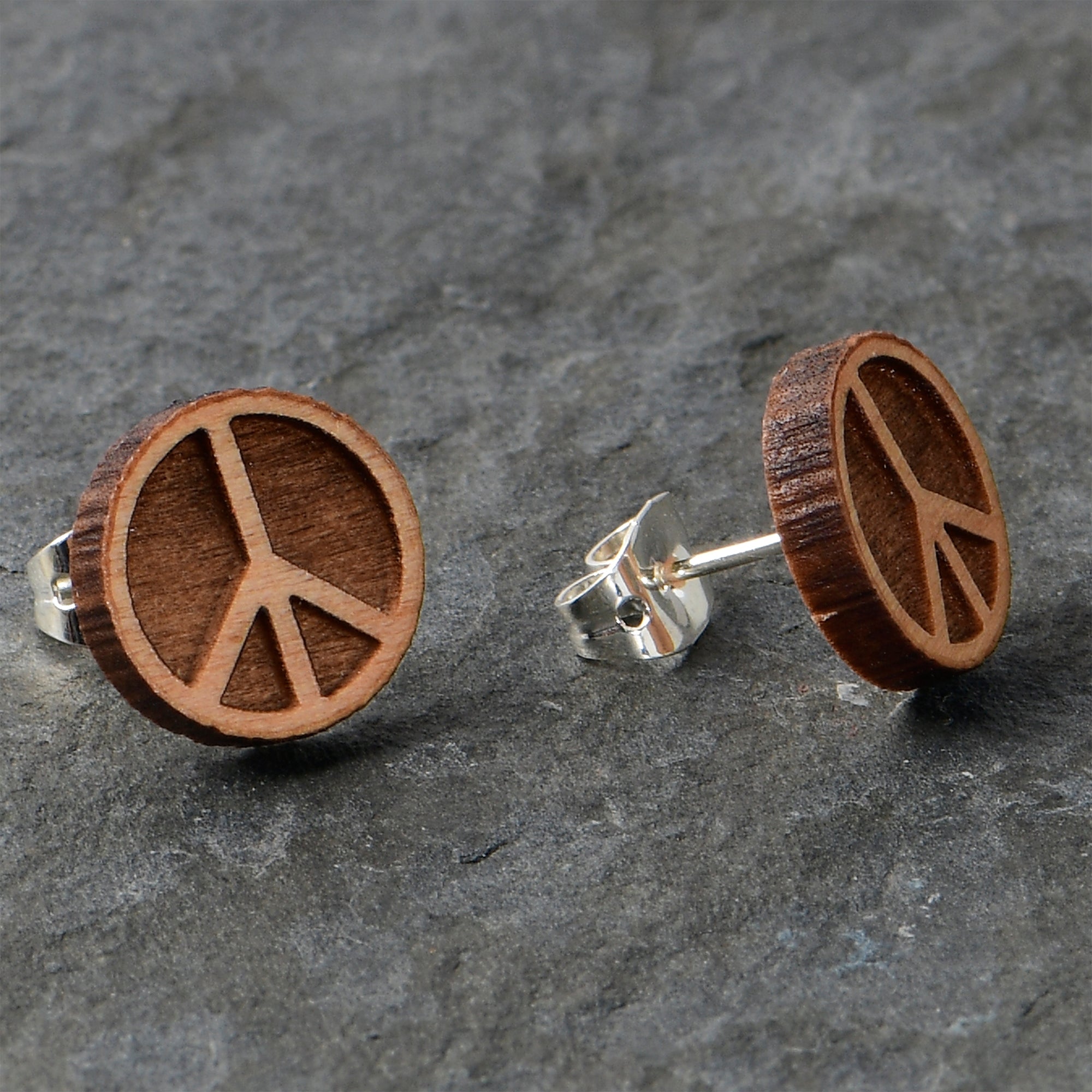 Natural Maple Wood Peace Sign Symbol Stainless Steel Stud Earrings perfect for sensitive ears