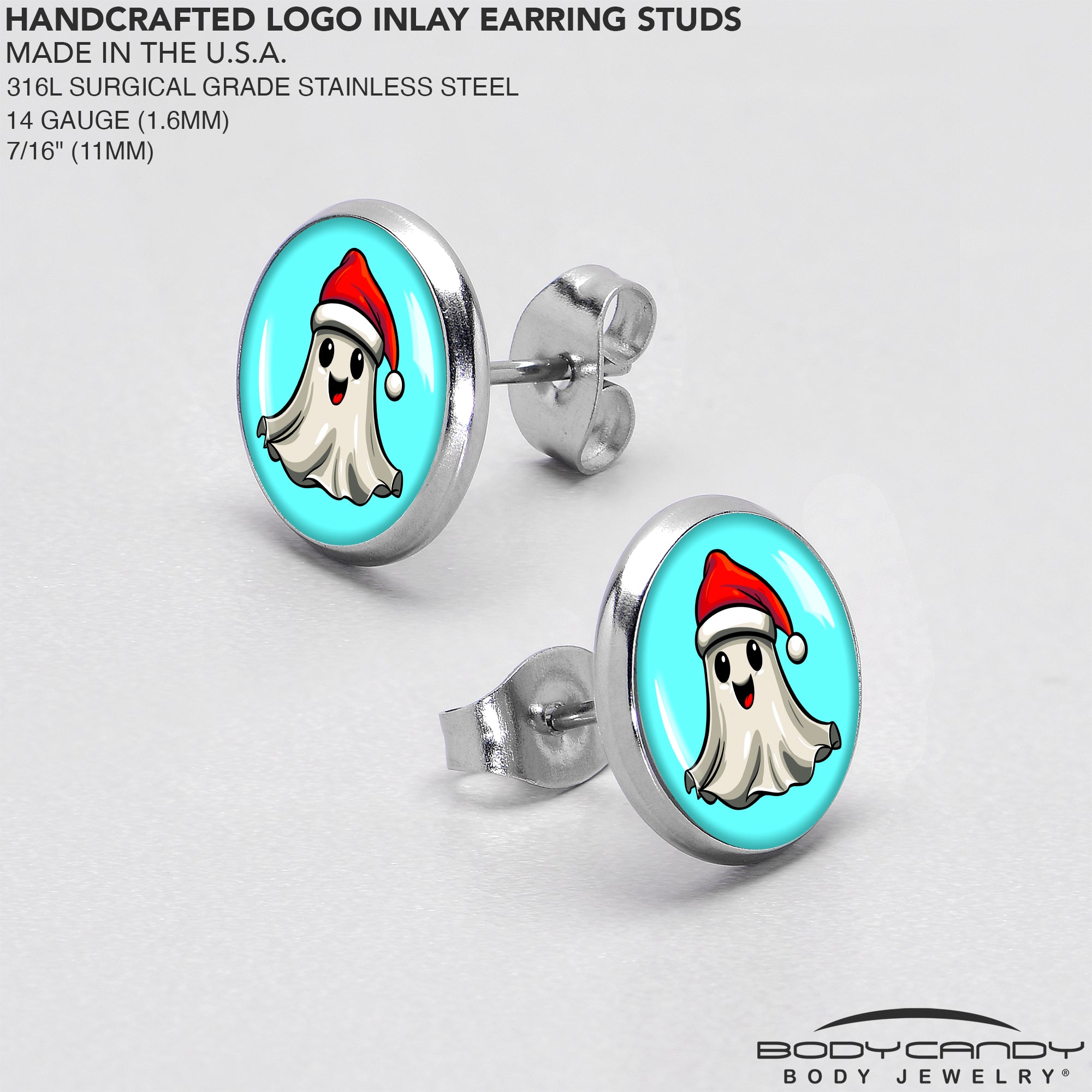 Holiday Christmas Spirit Ghost Stainless Steel Stud Earrings perfect for sensitive ears