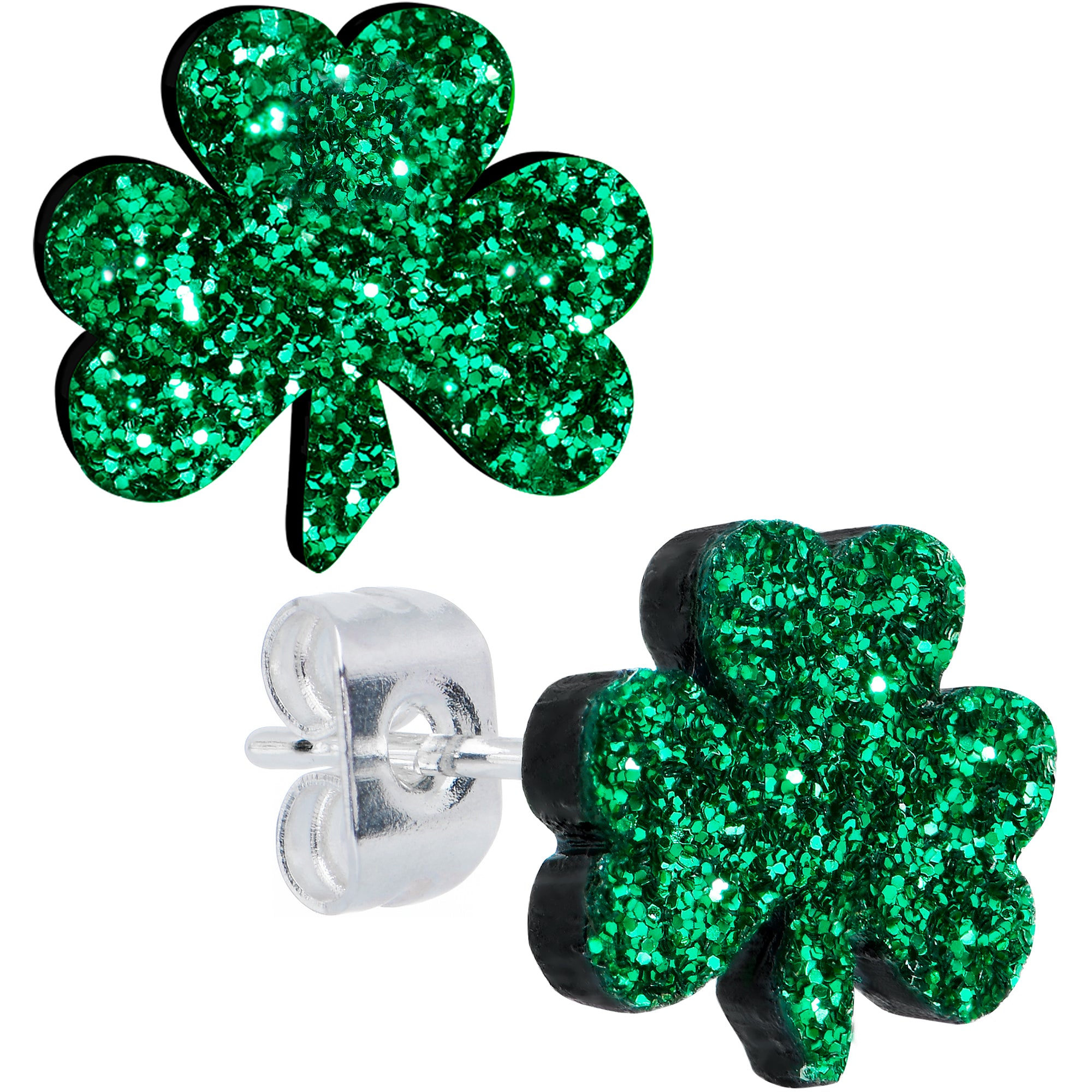 Stainless Steel Green Glitter Shamrock St Patricks Hypoallergenic Stainless Steel Stud Earrings