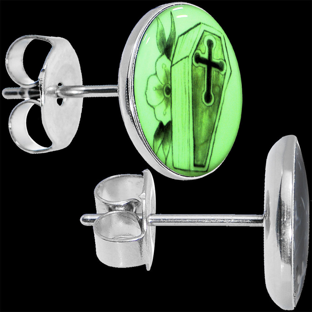 Coffin and Flower Glow in the Dark Hypoallergenic Stainless Steel Stud Earrings