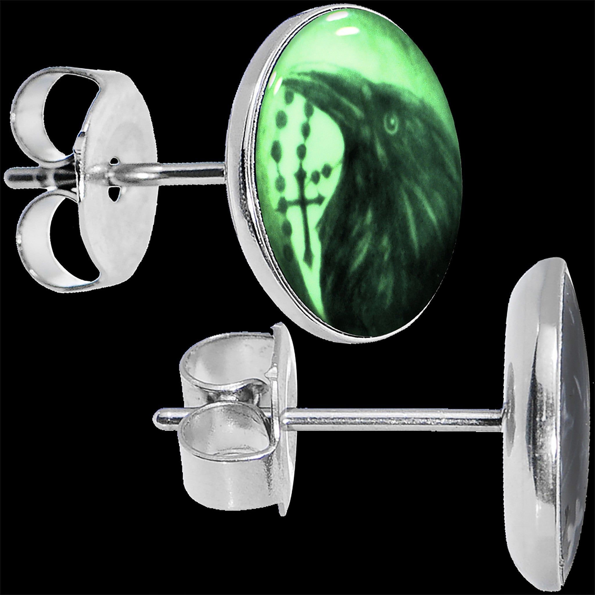 Raven and Cross Glow in the Dark Stainless Steel Stud Earrings custom design option
