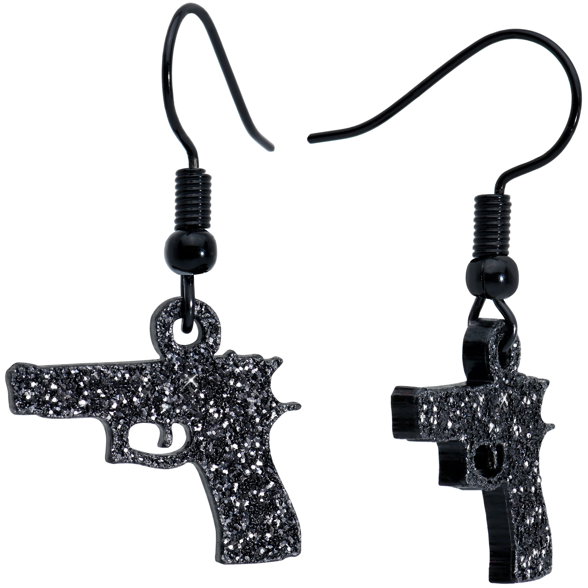 Black Glitter Gun Fishhook Dangle Earrings - Brass Earrings Dangle - Body Candy