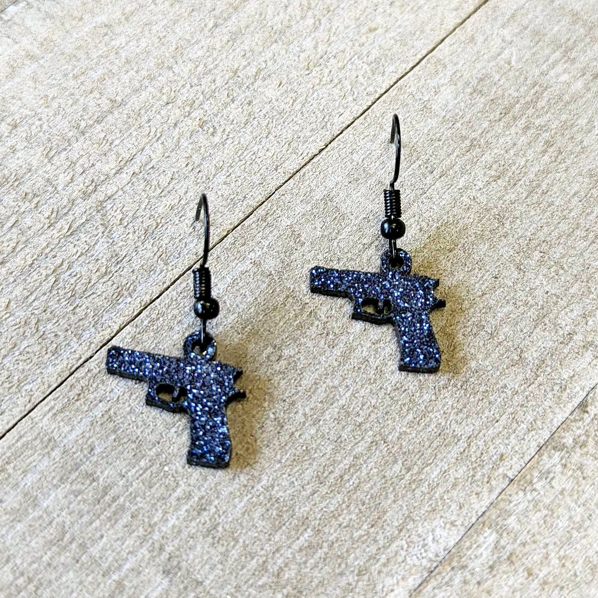 Blue Glitter Gun Fishhook Dangle Earrings handmade design