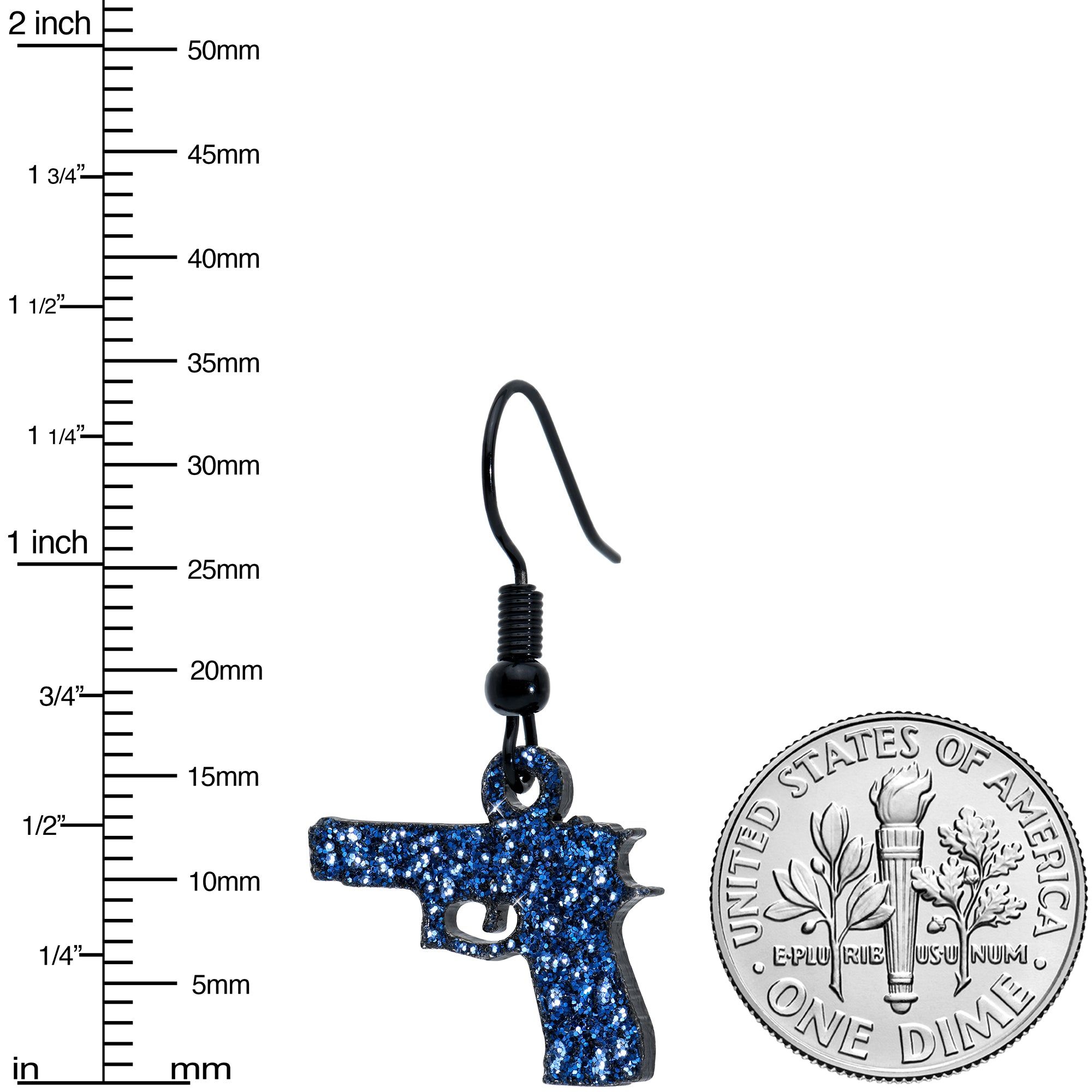 Blue Glitter Gun Fishhook Dangle Earrings stainless steel hypoallergenic