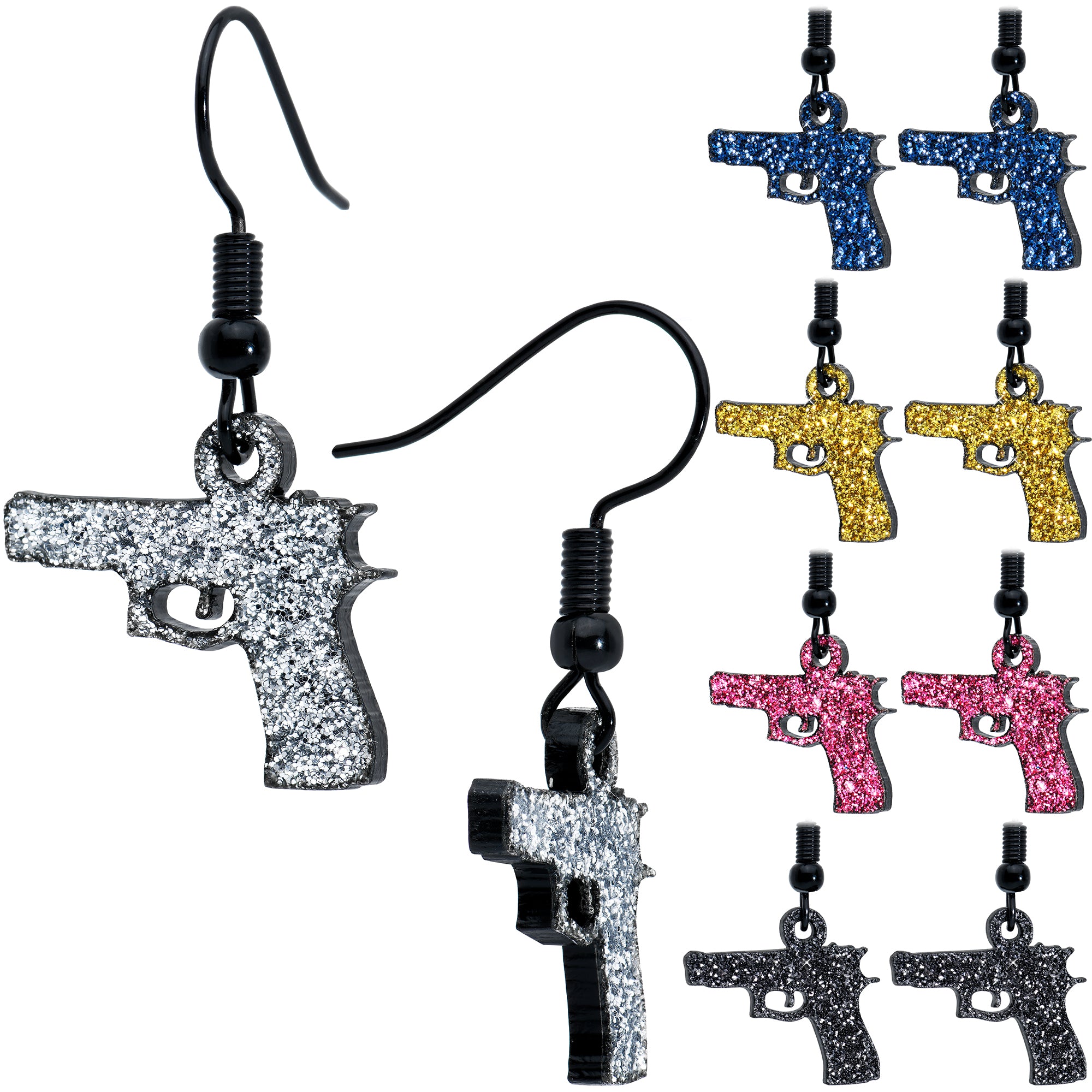 Blue Glitter Gun Fishhook Dangle Earrings perfect for sensitive ears