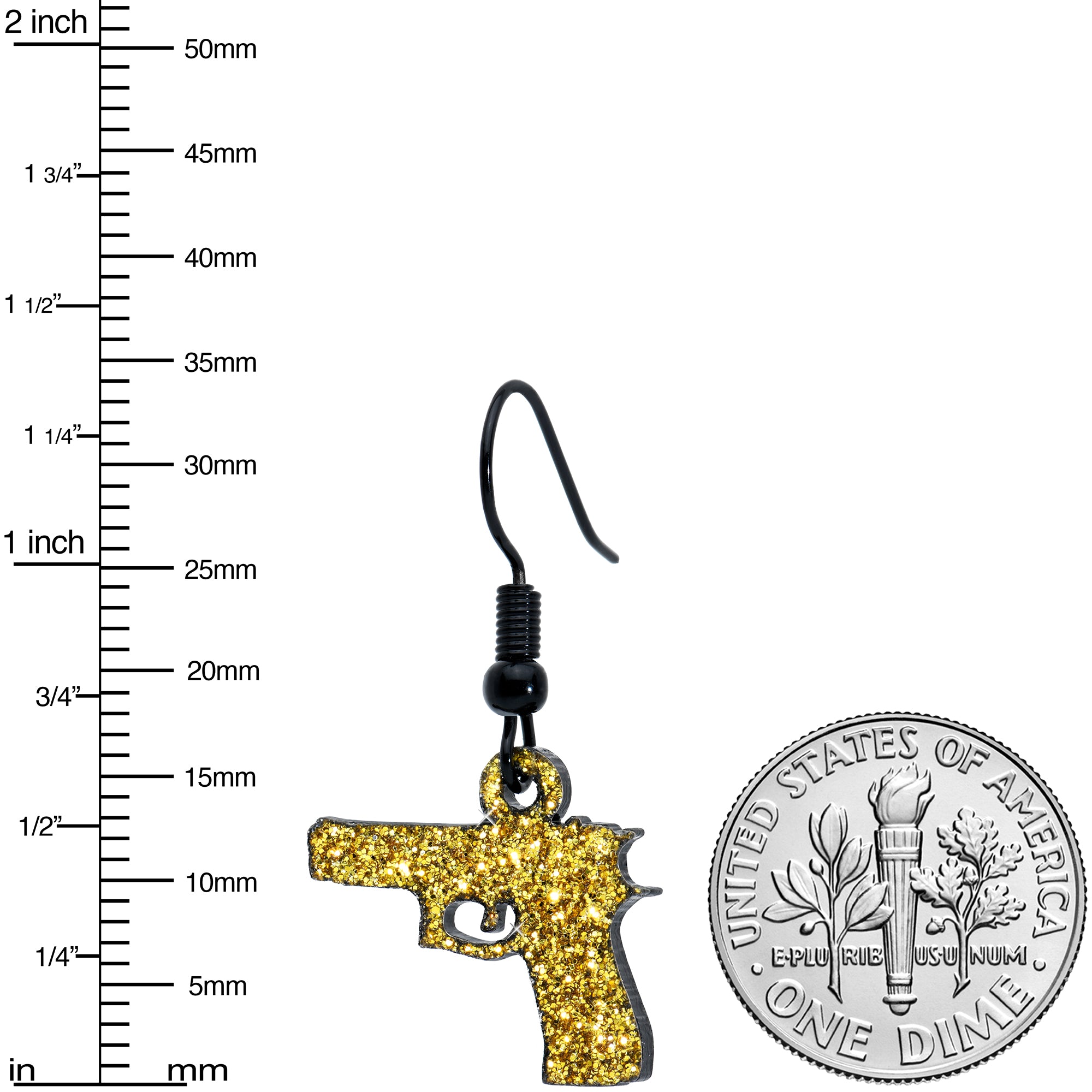 Yellow Glitter Gun Fishhook Dangle Earrings stainless steel hypoallergenic