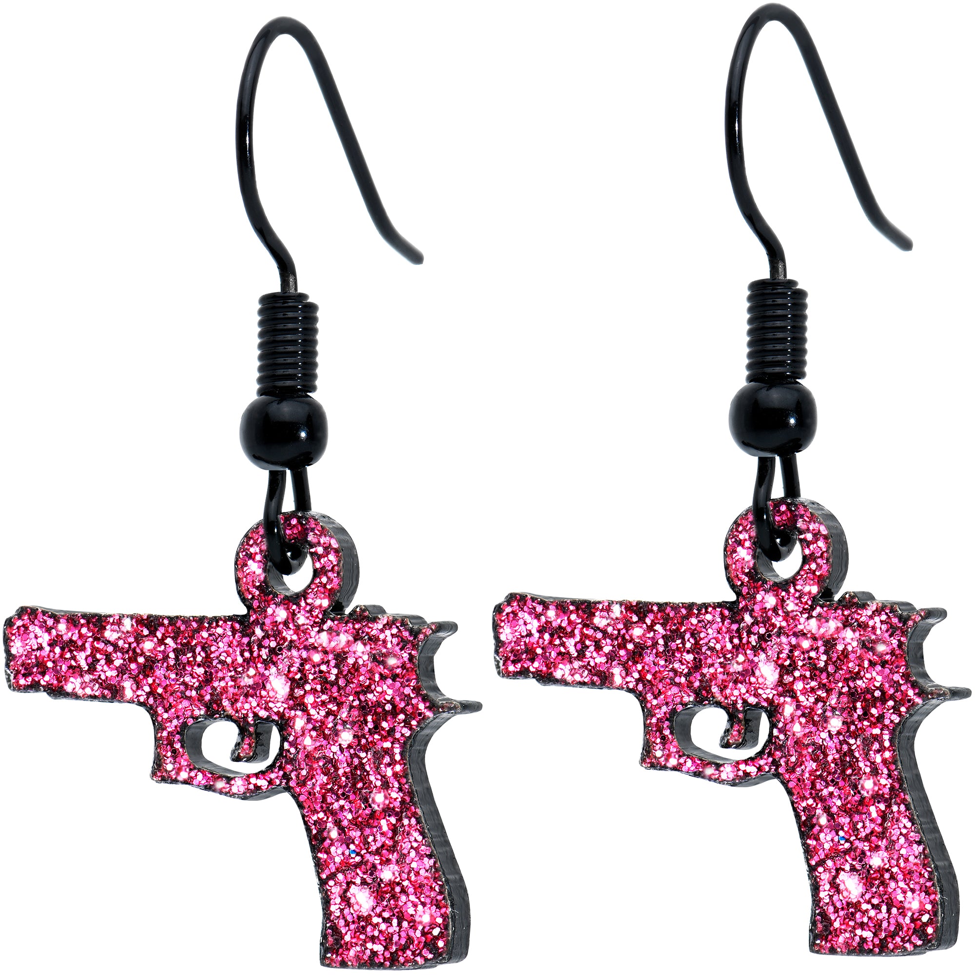 Pink Glitter Gun Fishhook Dangle Earrings lightweight body jewelry