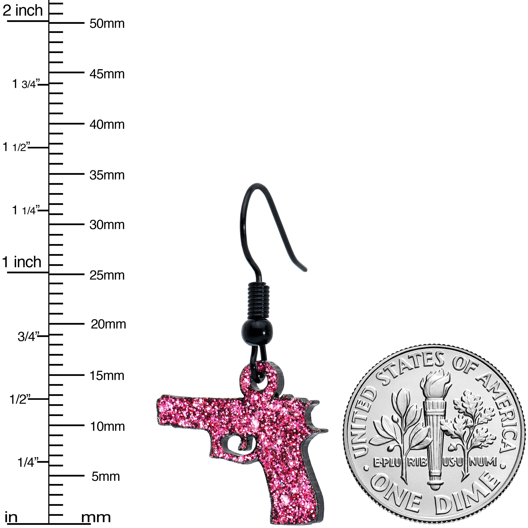 Pink Glitter Gun Fishhook Dangle Earrings stainless steel hypoallergenic