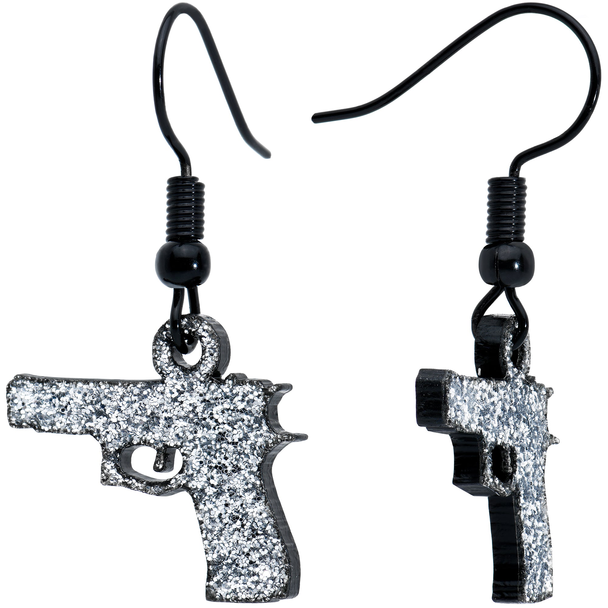 Silver Glitter Gun Fishhook Dangle Earrings