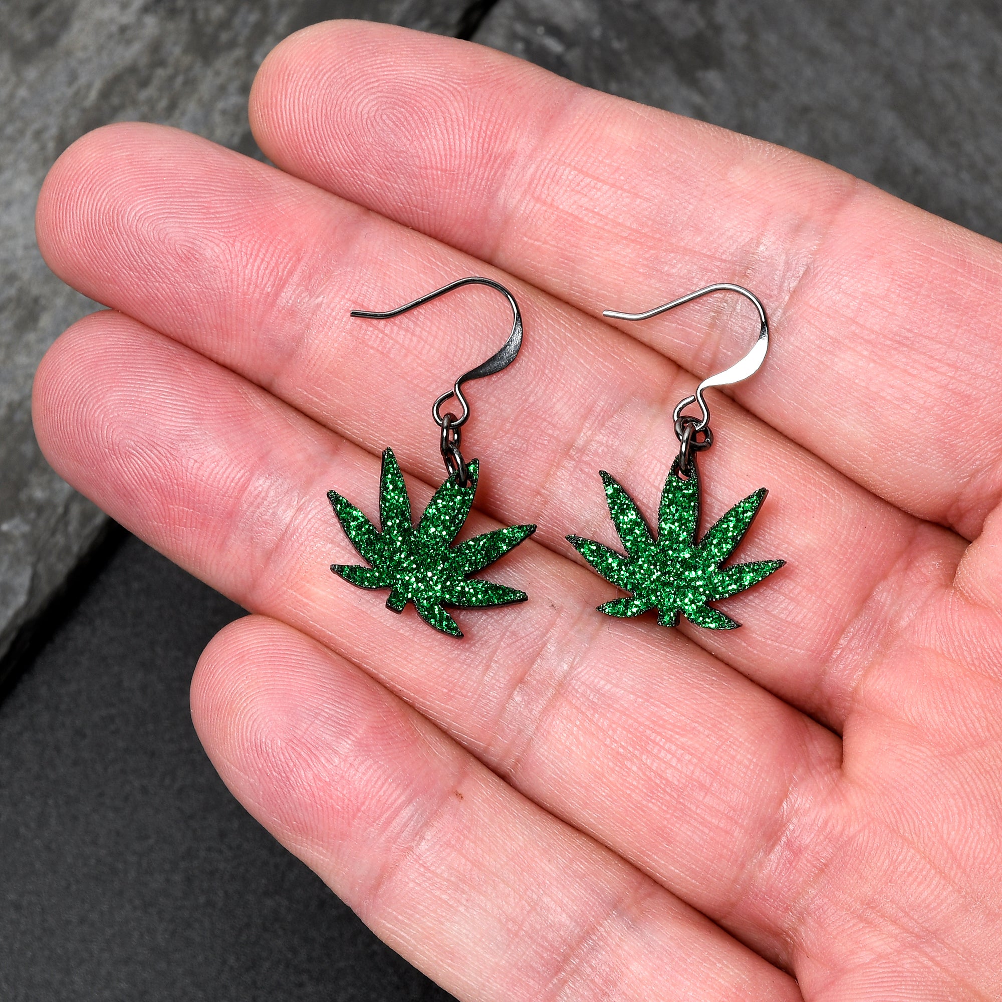 Green Glitter Marijuana Pot Leaf Dangle Earrings lightweight body jewelry