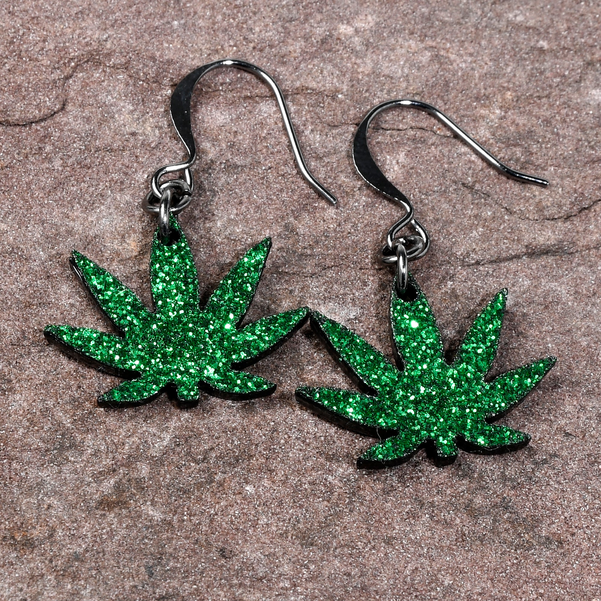 Green Glitter Marijuana Pot Leaf Dangle Earrings stainless steel hypoallergenic
