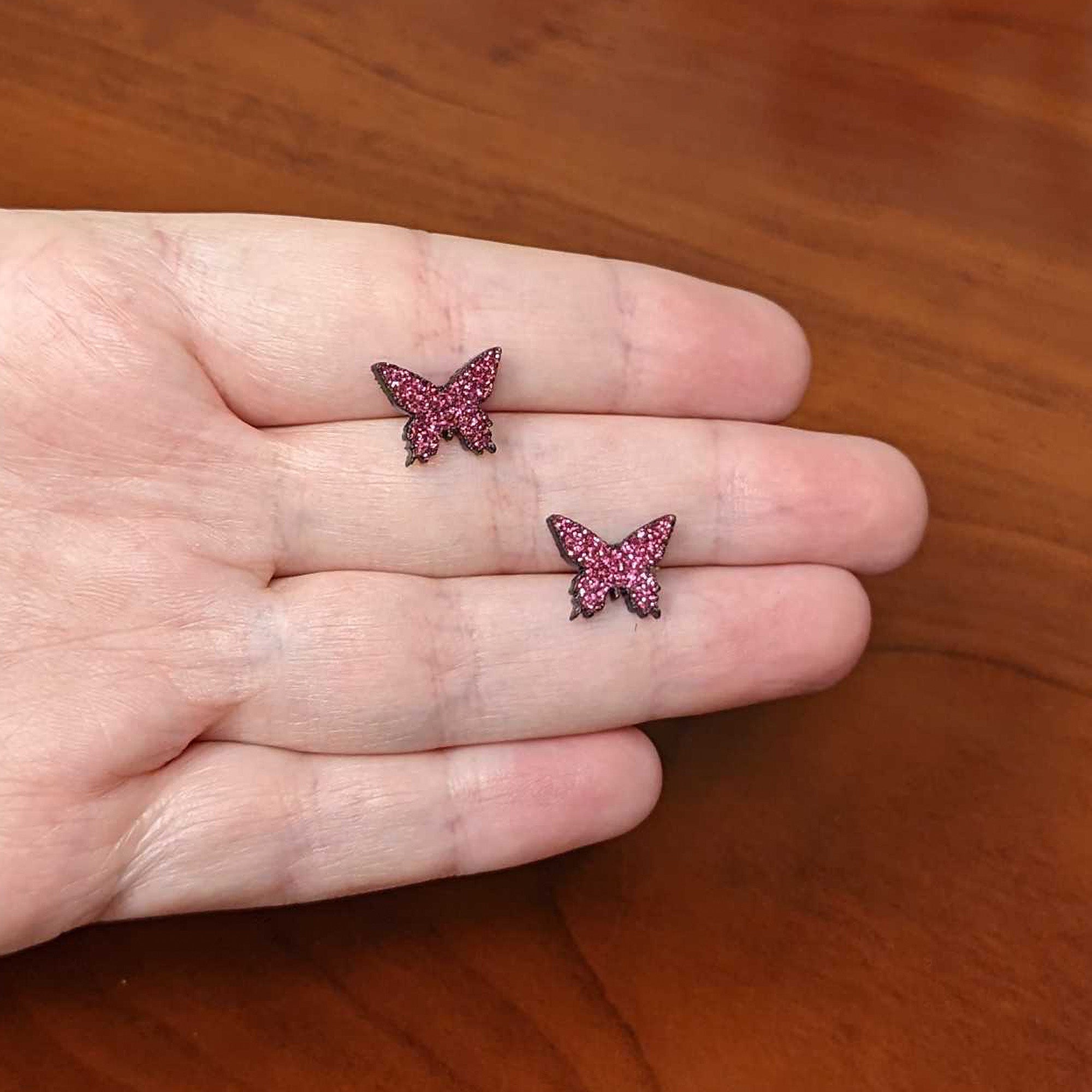 Pink Glitter Butterfly Stud Earring Set handmade design