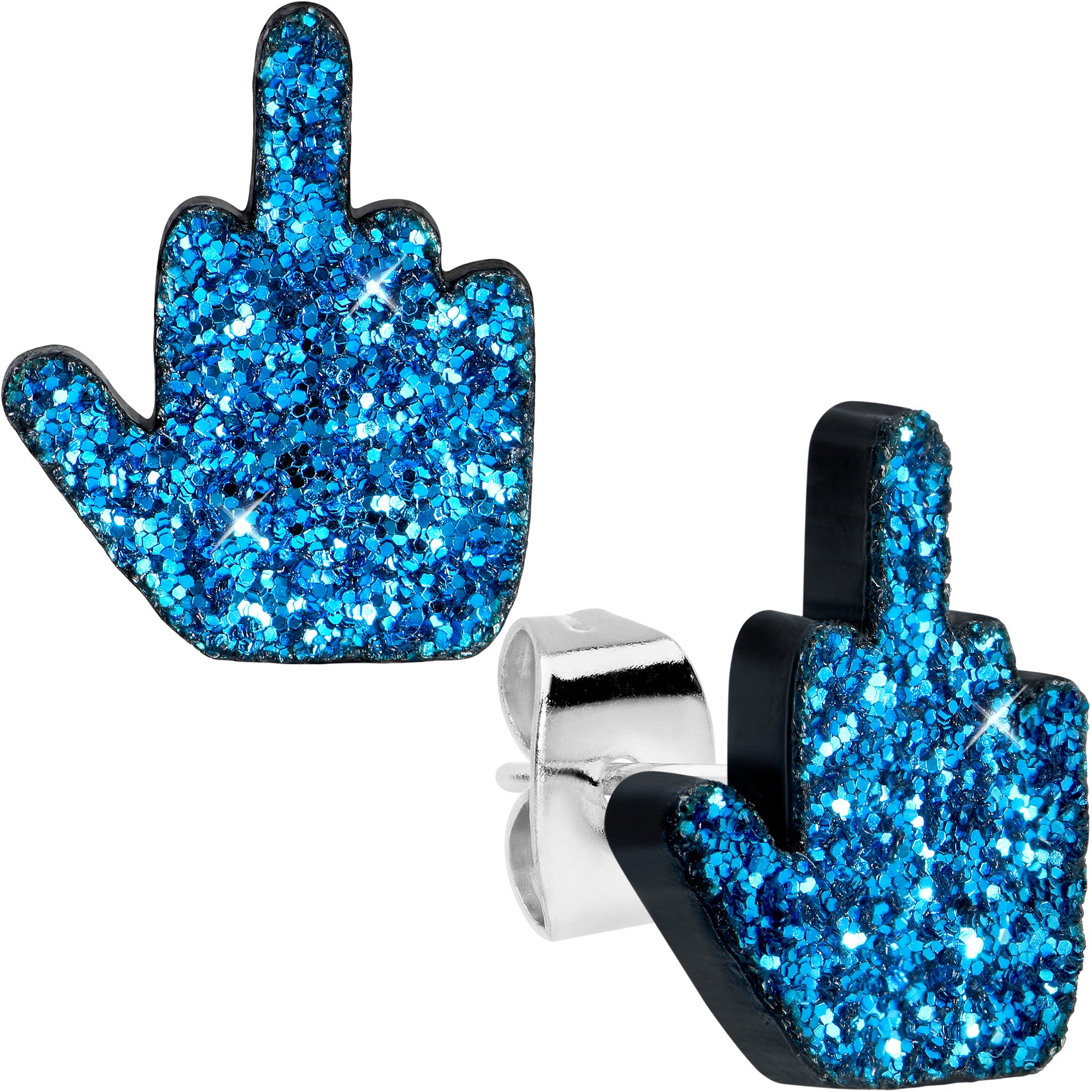 Blue Glitter Middle Finger Hypoallergenic Stainless Steel Stud Earrings Set