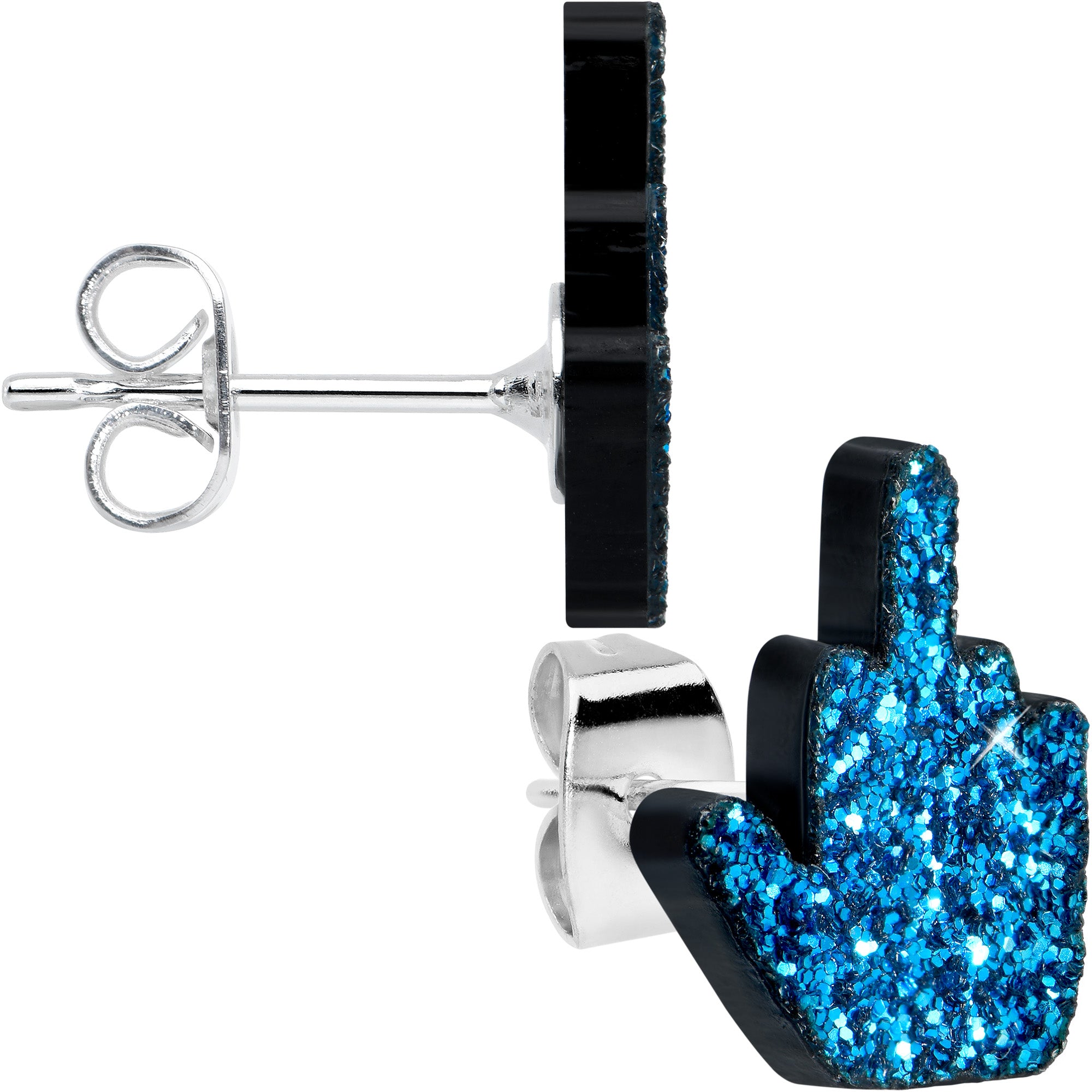 Blue Glitter Middle Finger Stainless Steel Stud Earrings Set lightweight body jewelry