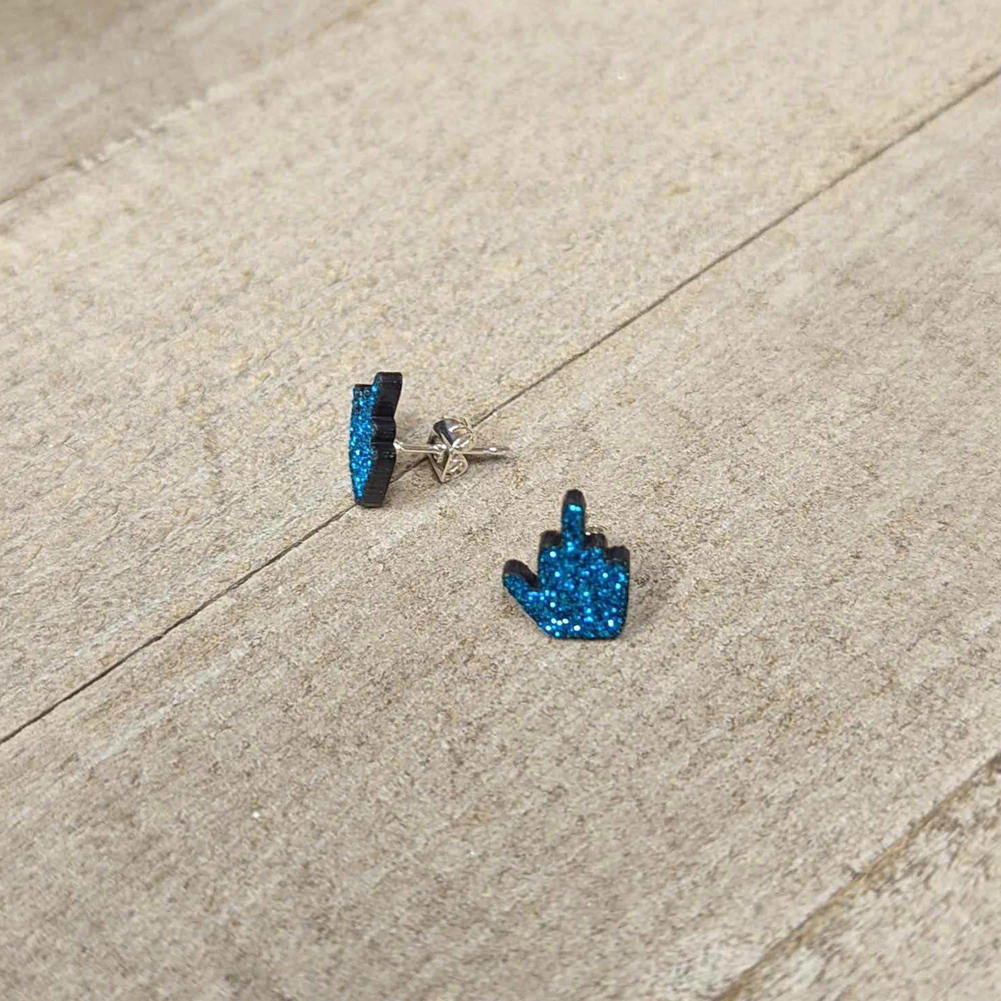 Blue Glitter Middle Finger Stainless Steel Stud Earrings Set stylish jewelry