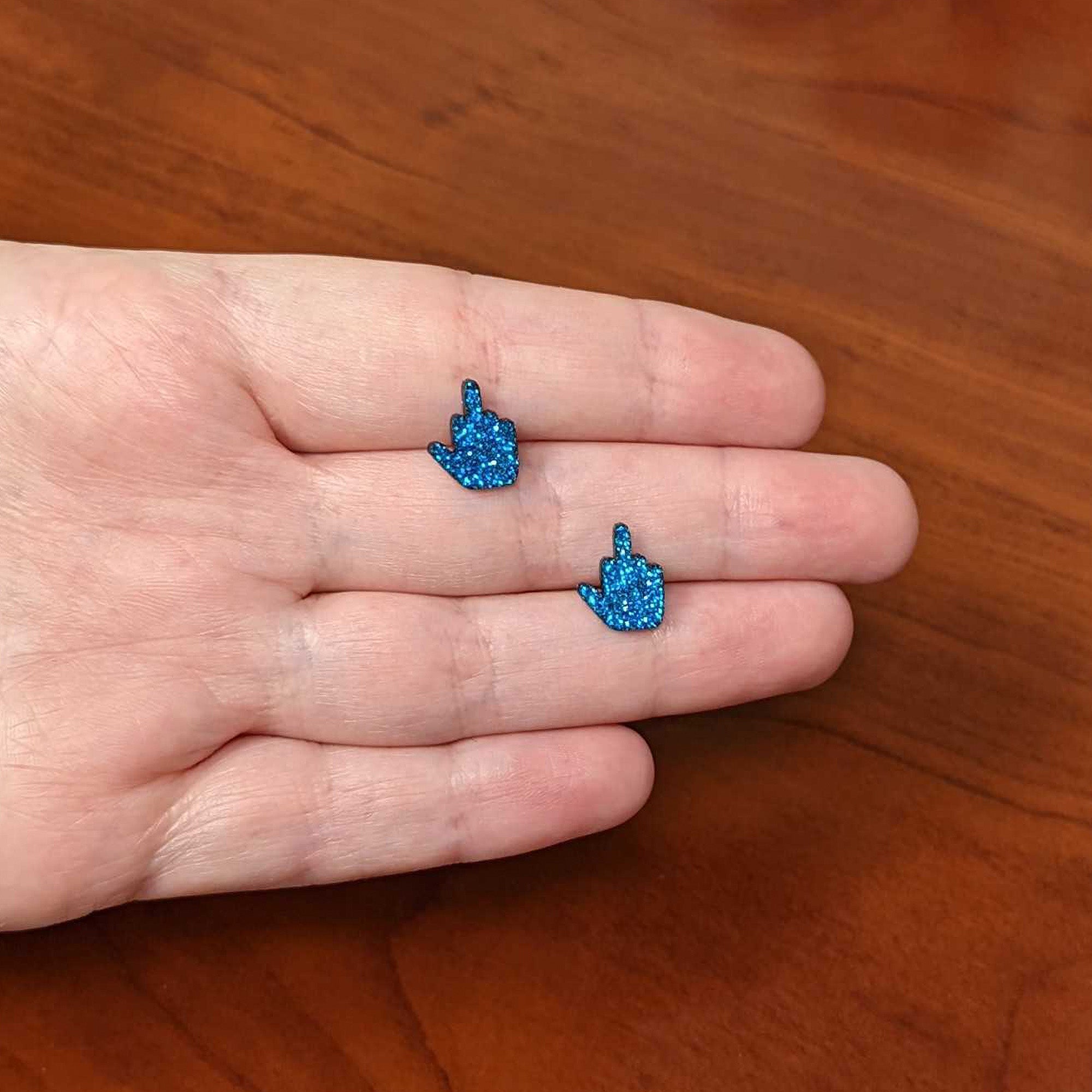 Blue Glitter Middle Finger Stainless Steel Stud Earrings Set handmade design