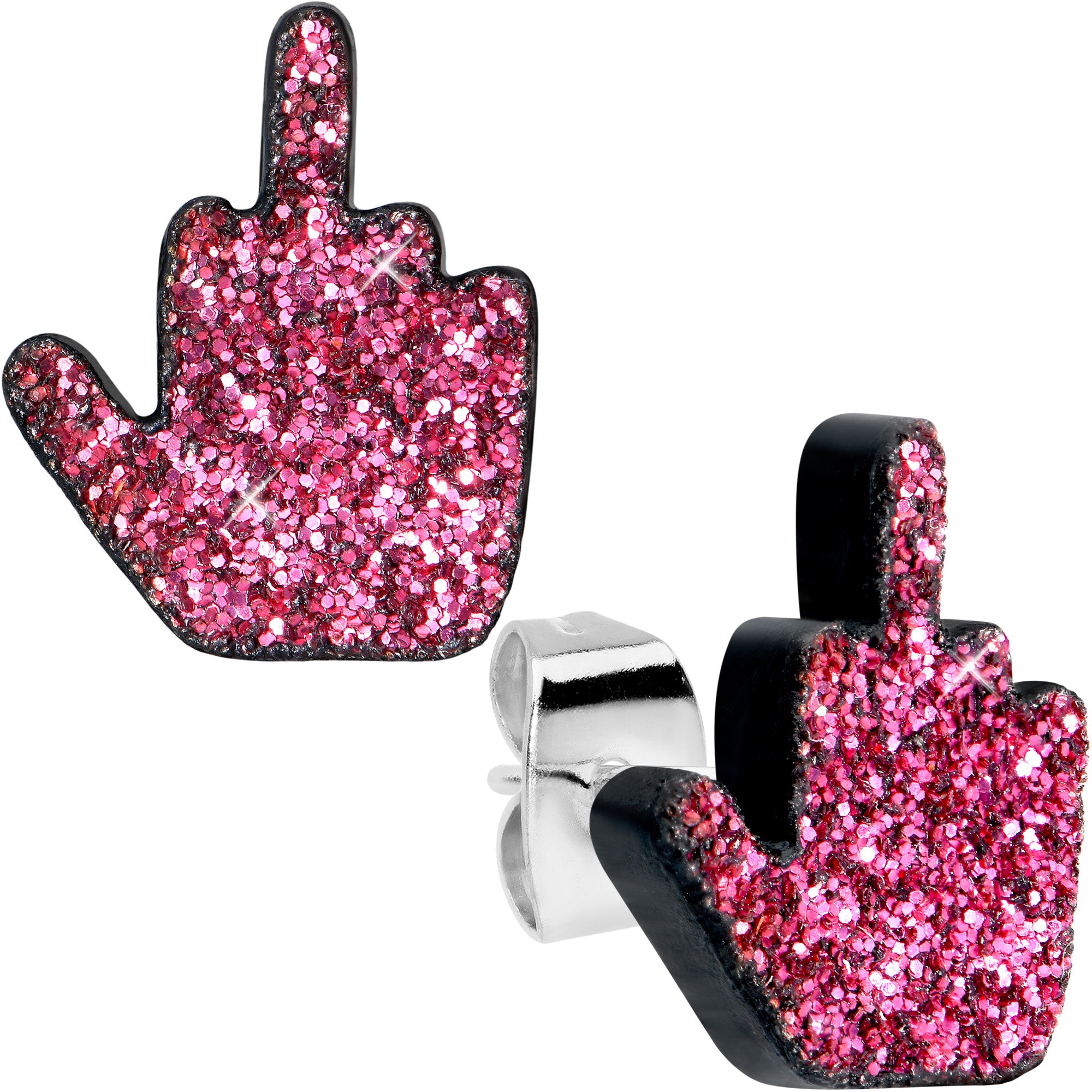Pink Glitter Middle Finger Hypoallergenic Stainless Steel Stud Earrings Set