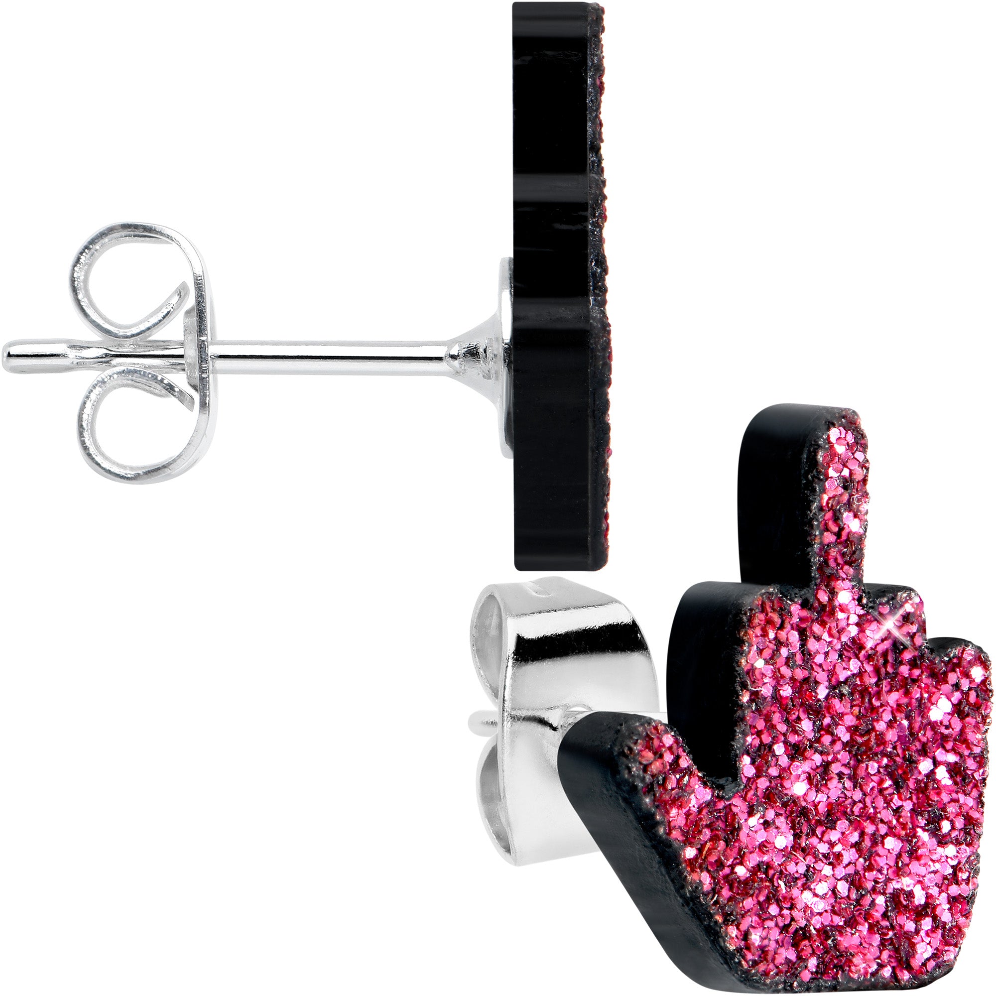 Pink Glitter Middle Finger Stainless Steel Stud Earrings Set lightweight body jewelry