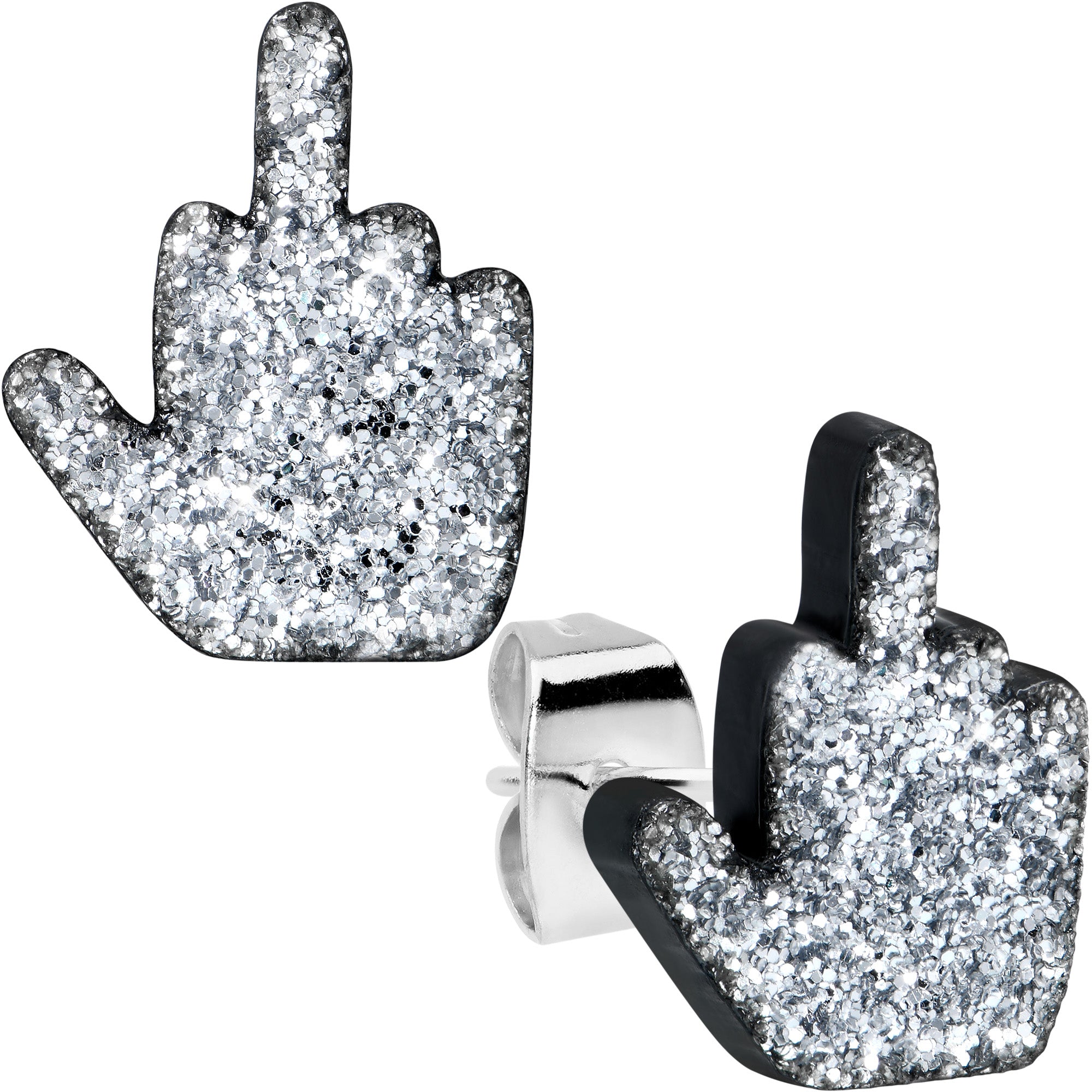 Silver Glitter Middle Finger Hypoallergenic Stainless Steel Stud Earrings Set