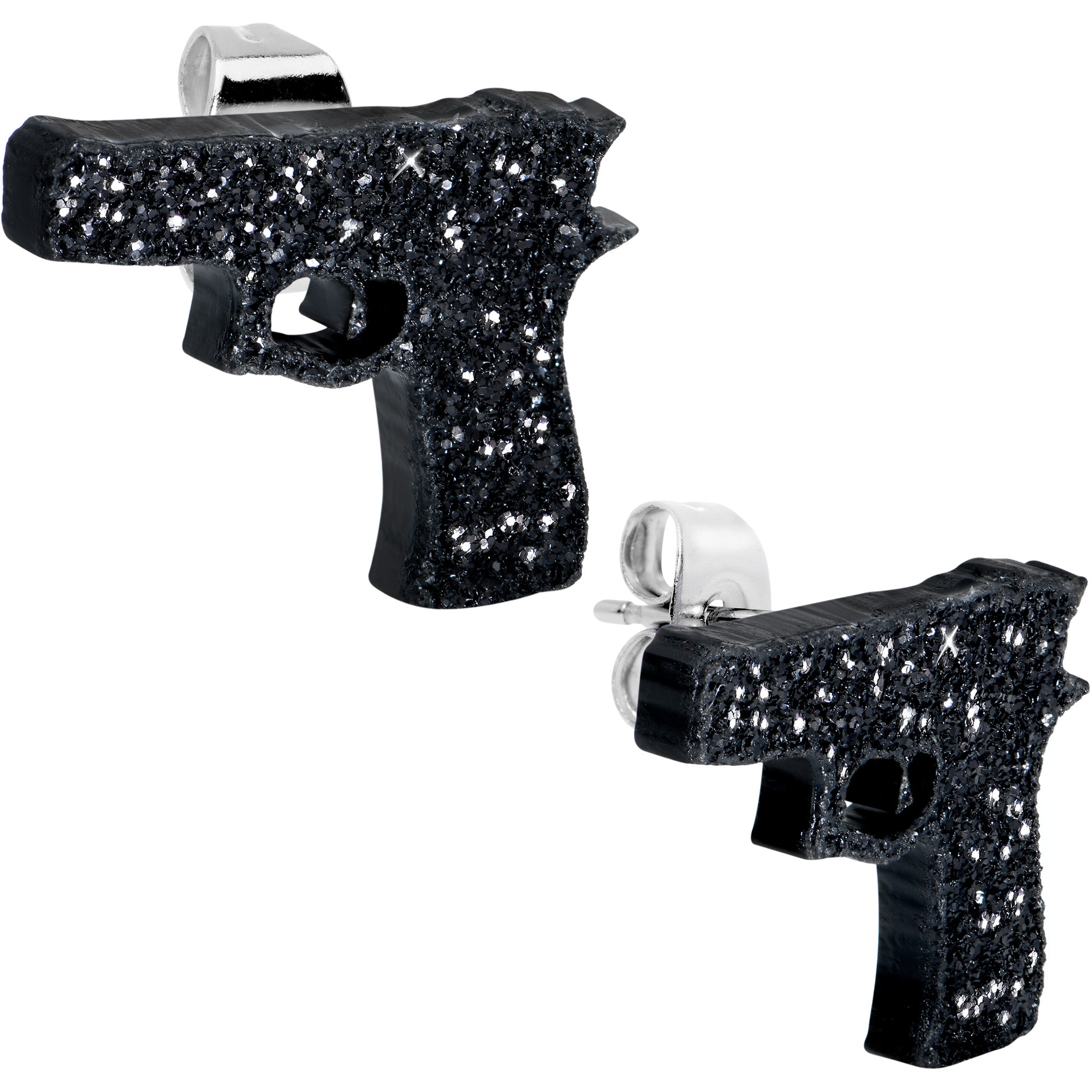 Black Glitter Gun Hypoallergenic Stainless Steel Stud Earrings Set