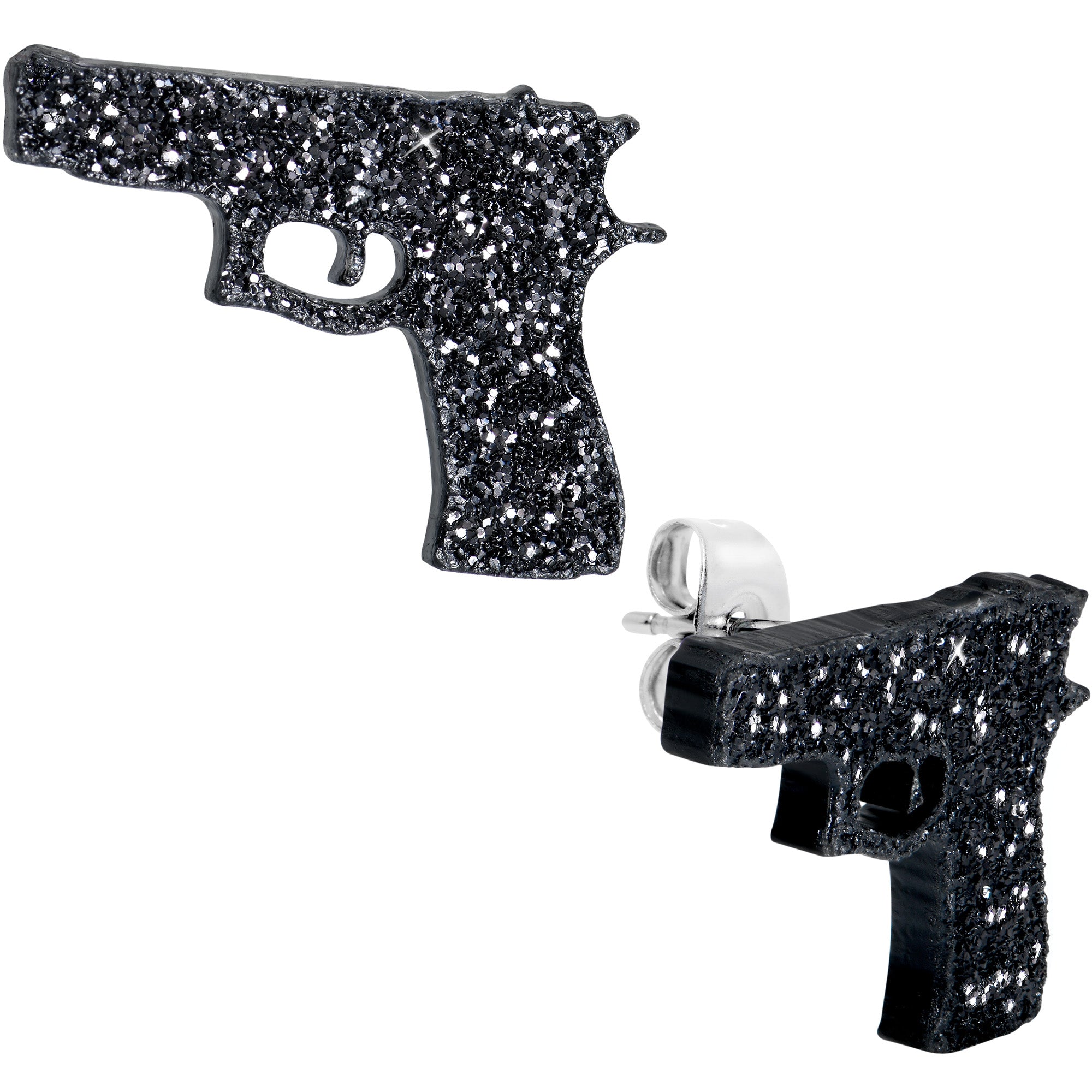 Black Glitter Gun Stainless Steel Stud Earrings Set lightweight body jewelry
