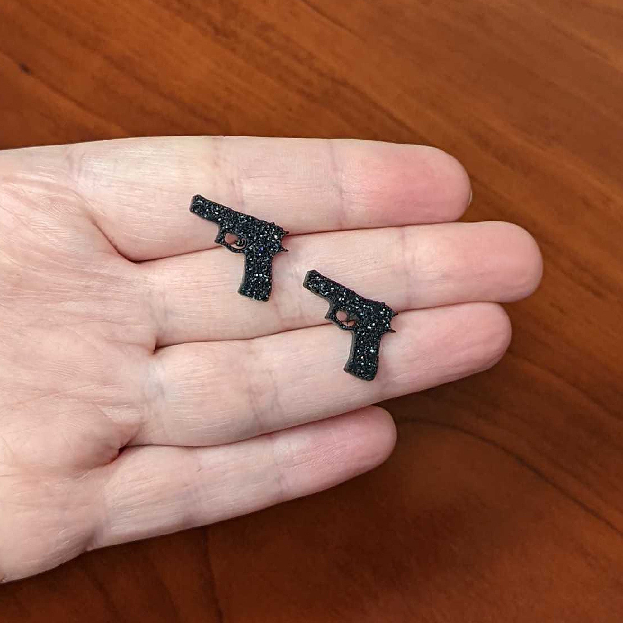 Black Glitter Gun Stainless Steel Stud Earrings Set handmade design