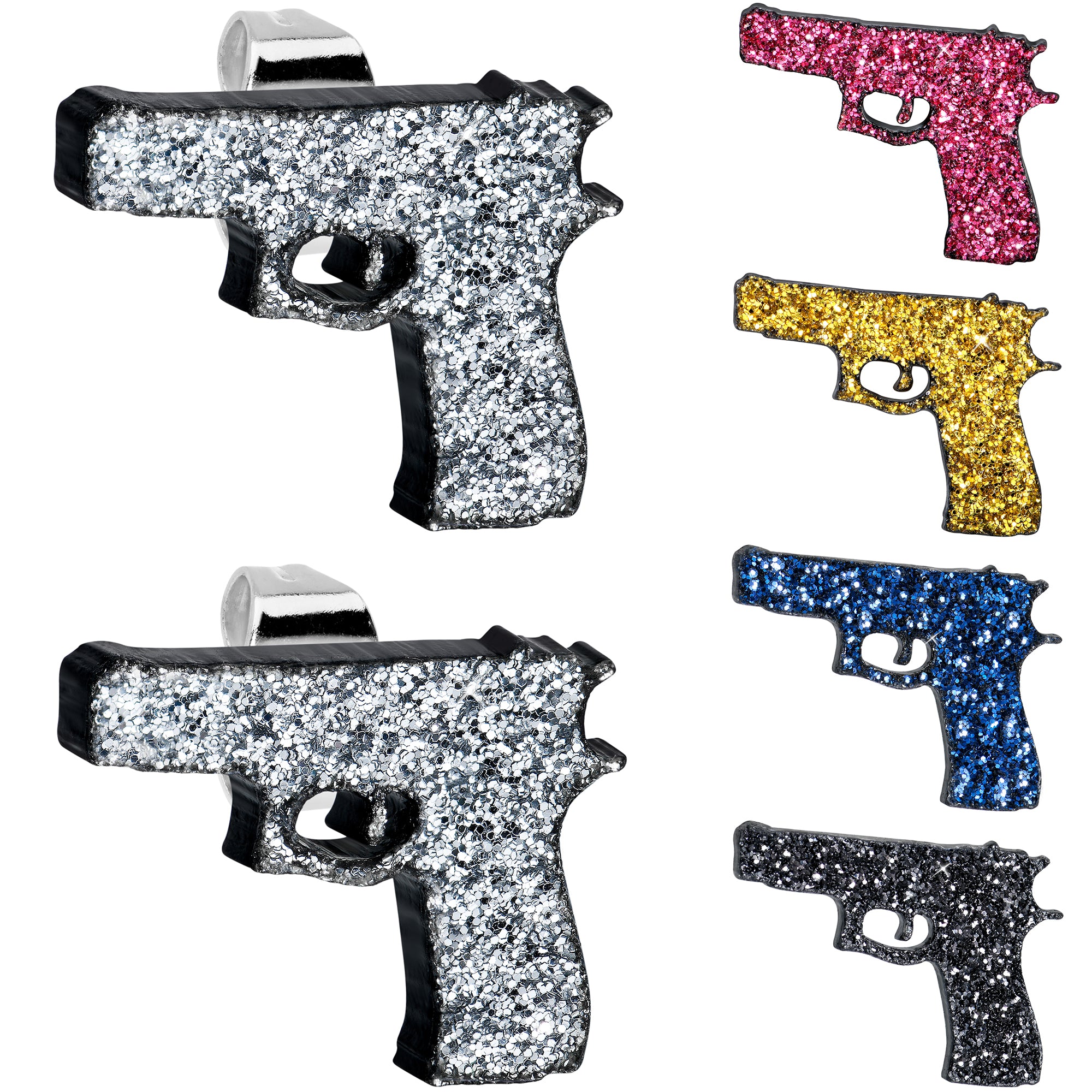 Black Glitter Gun Stainless Steel Stud Earrings Set perfect for sensitive ears