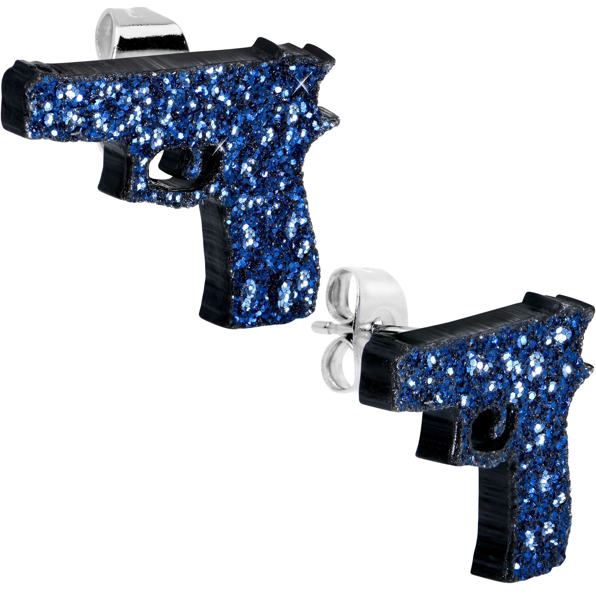 Blue Glitter Gun Hypoallergenic Stainless Steel Stud Earrings Set