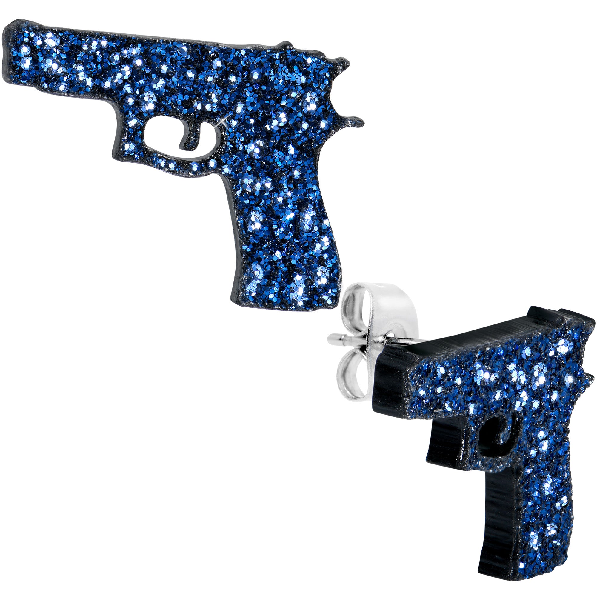 Blue Glitter Gun Stainless Steel Stud Earrings Set lightweight body jewelry