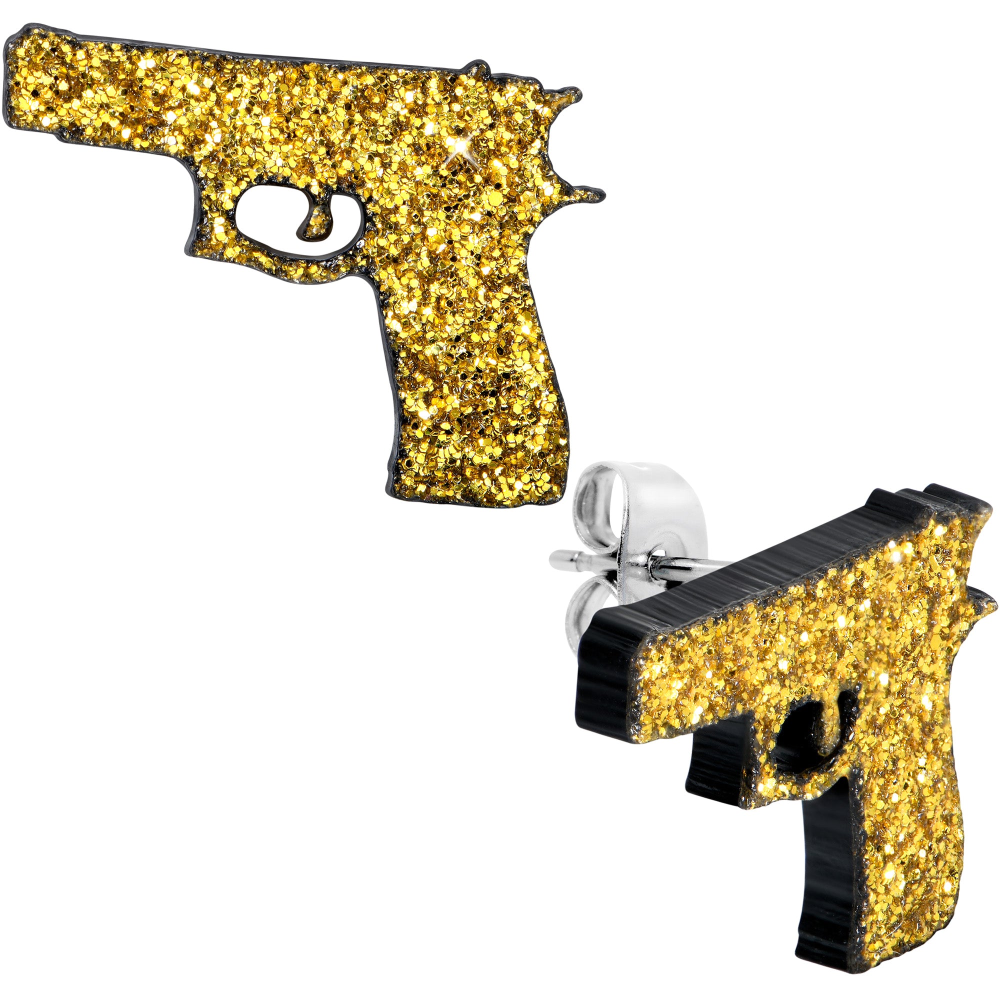 Yellow Glitter Gun Stainless Steel Stud Earrings Set lightweight body jewelry