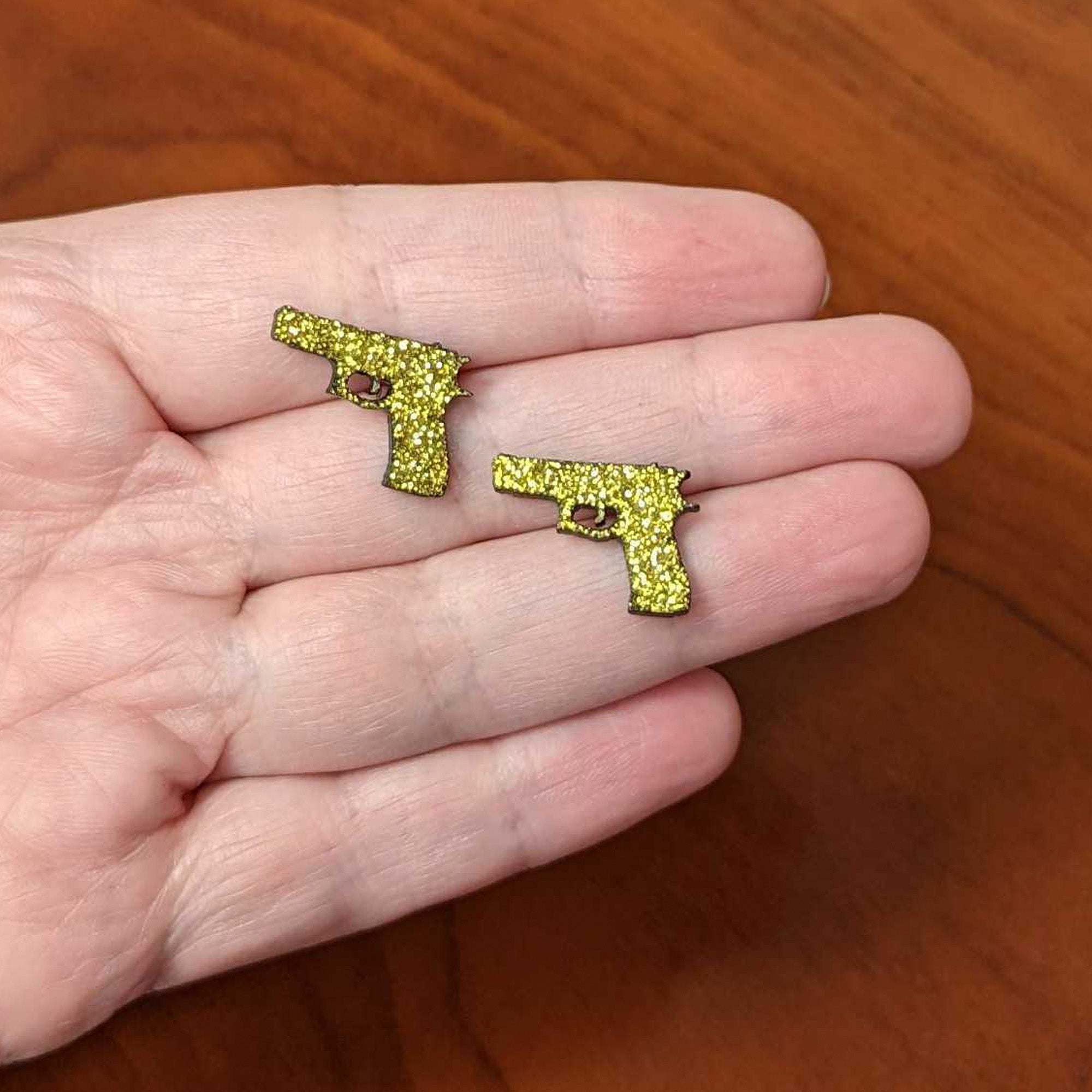 Yellow Glitter Gun Stainless Steel Stud Earrings Set handmade design