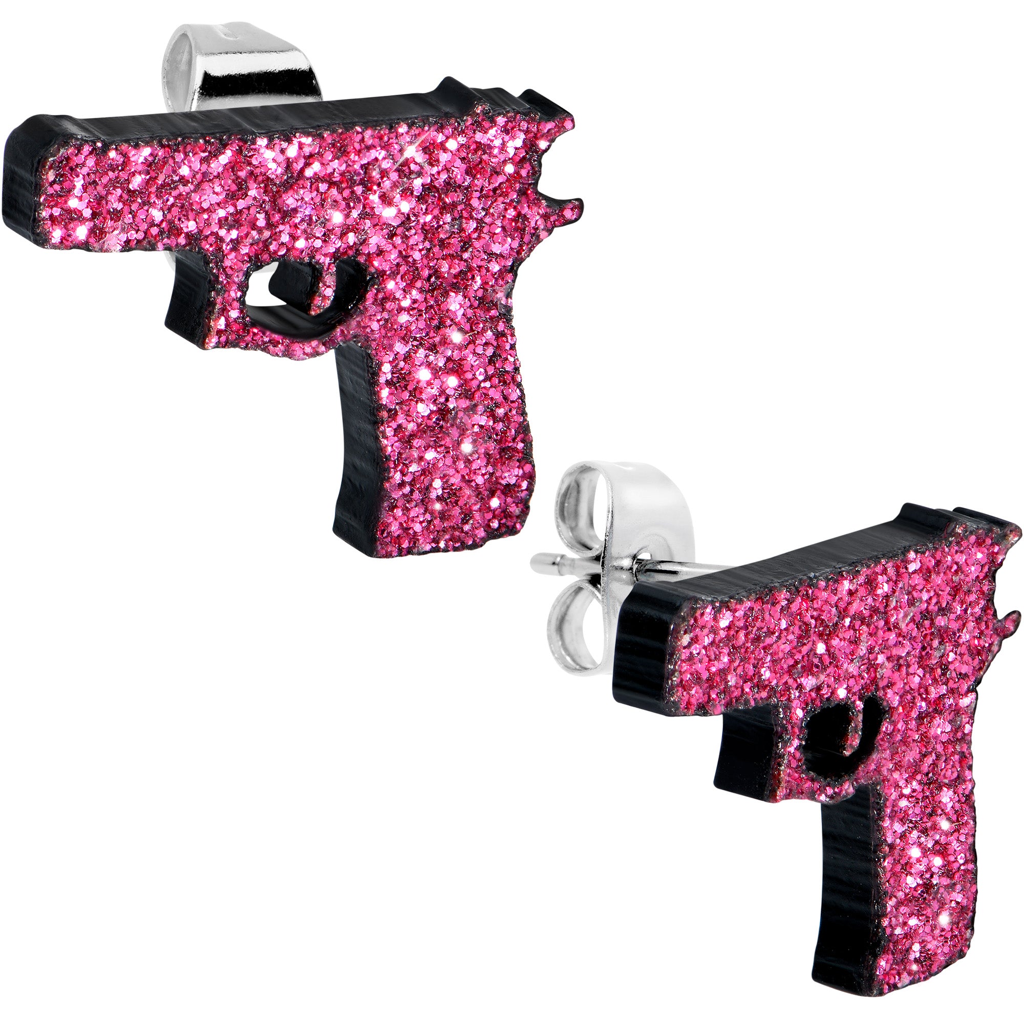 Pink Glitter Gun Hypoallergenic Stainless Steel Stud Earrings Set