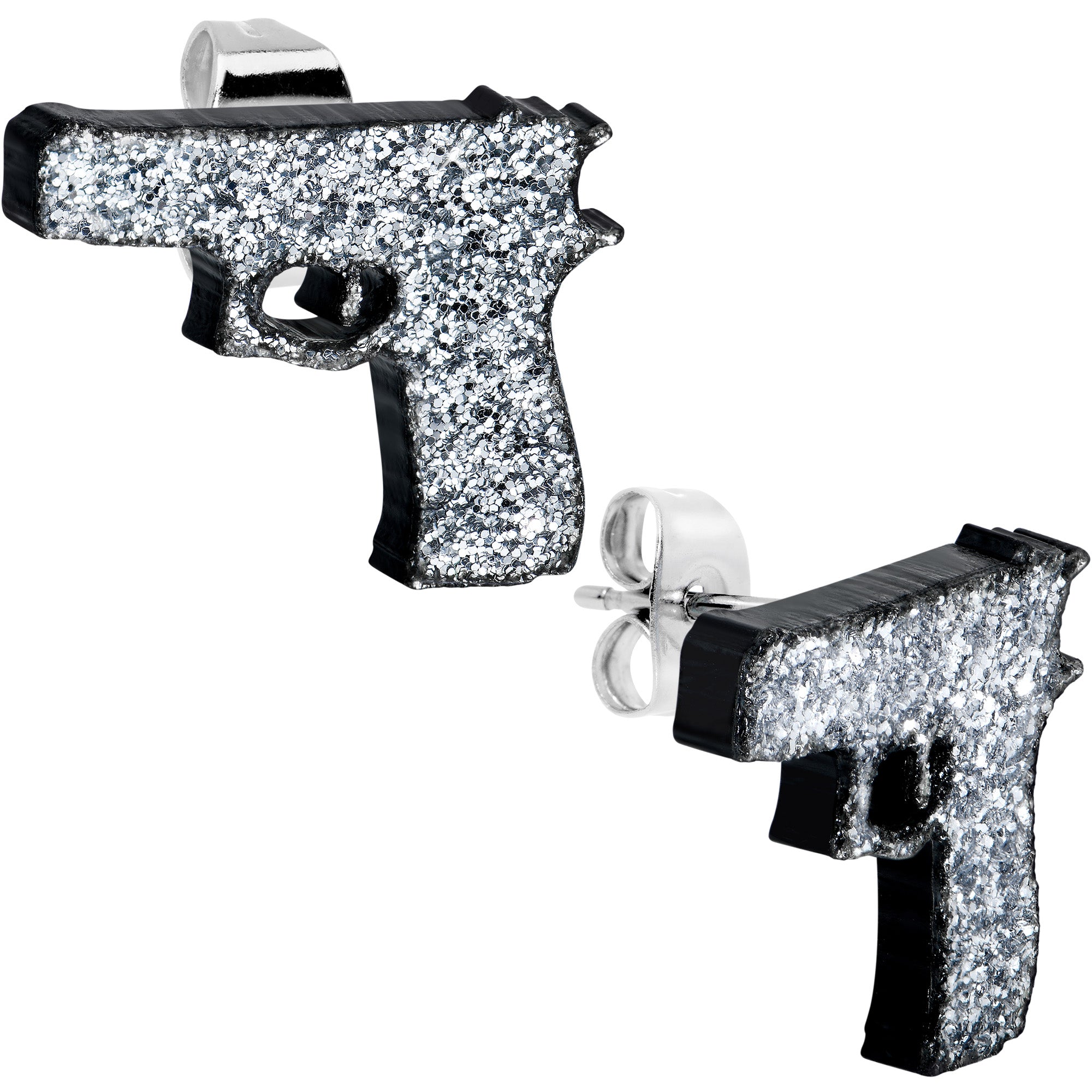 Silver Glitter Gun Hypoallergenic Stainless Steel Stud Earrings Set
