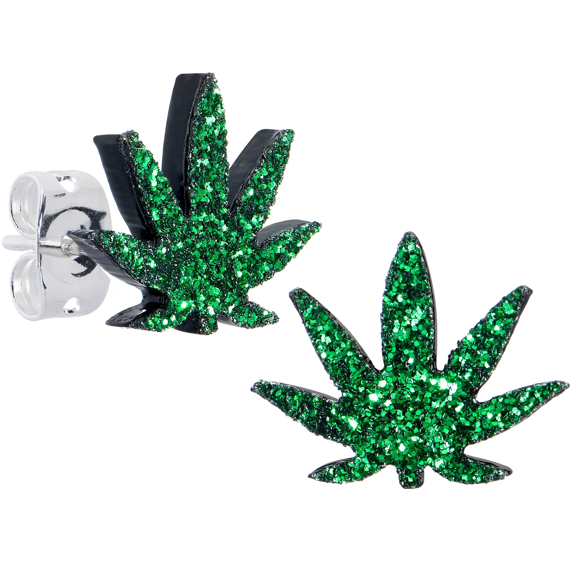 Green Glitter Marijuana Pot Leaf Hypoallergenic Stainless Steel Stud Earrings