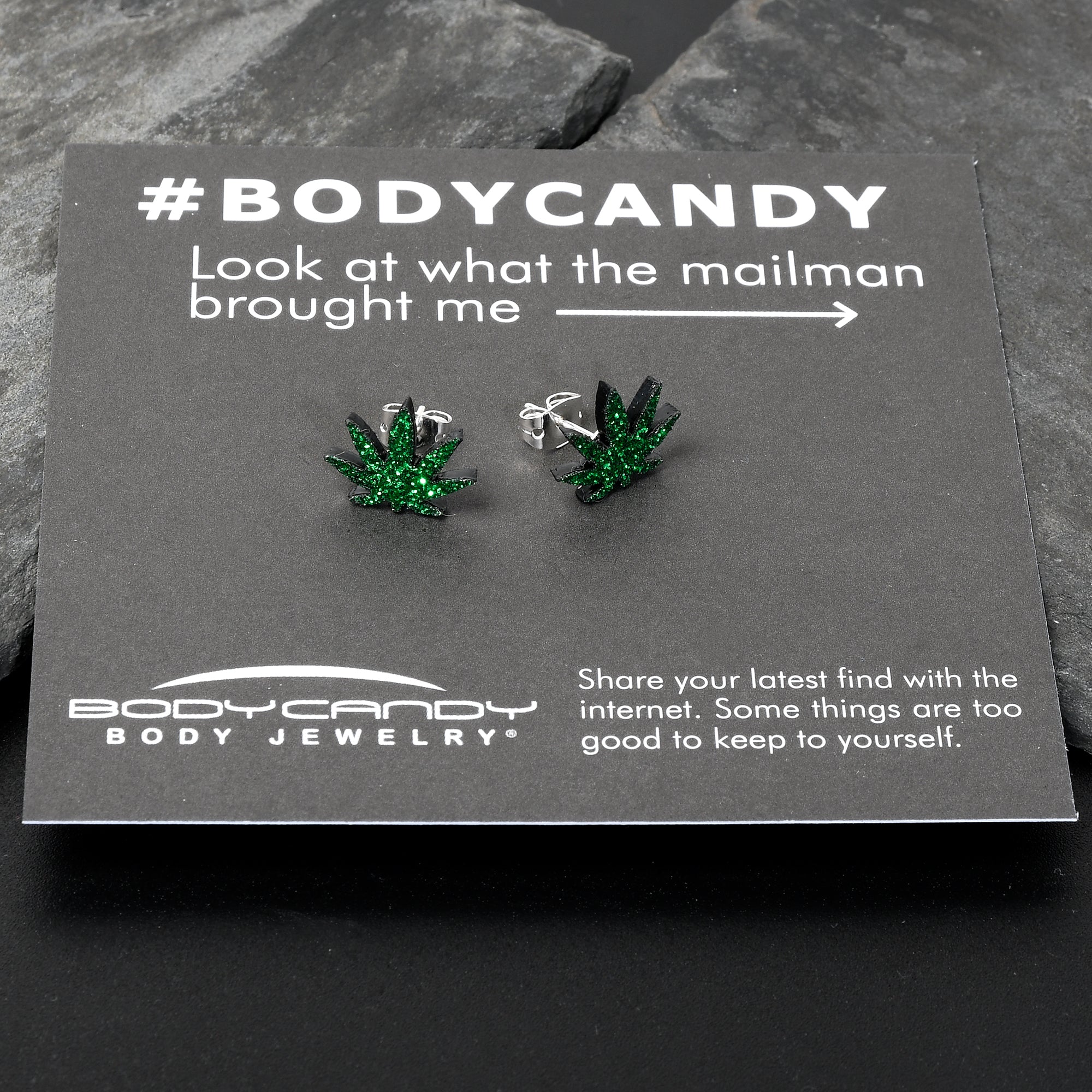 Green Glitter Marijuana Pot Leaf Stainless Steel Stud Earrings handmade design
