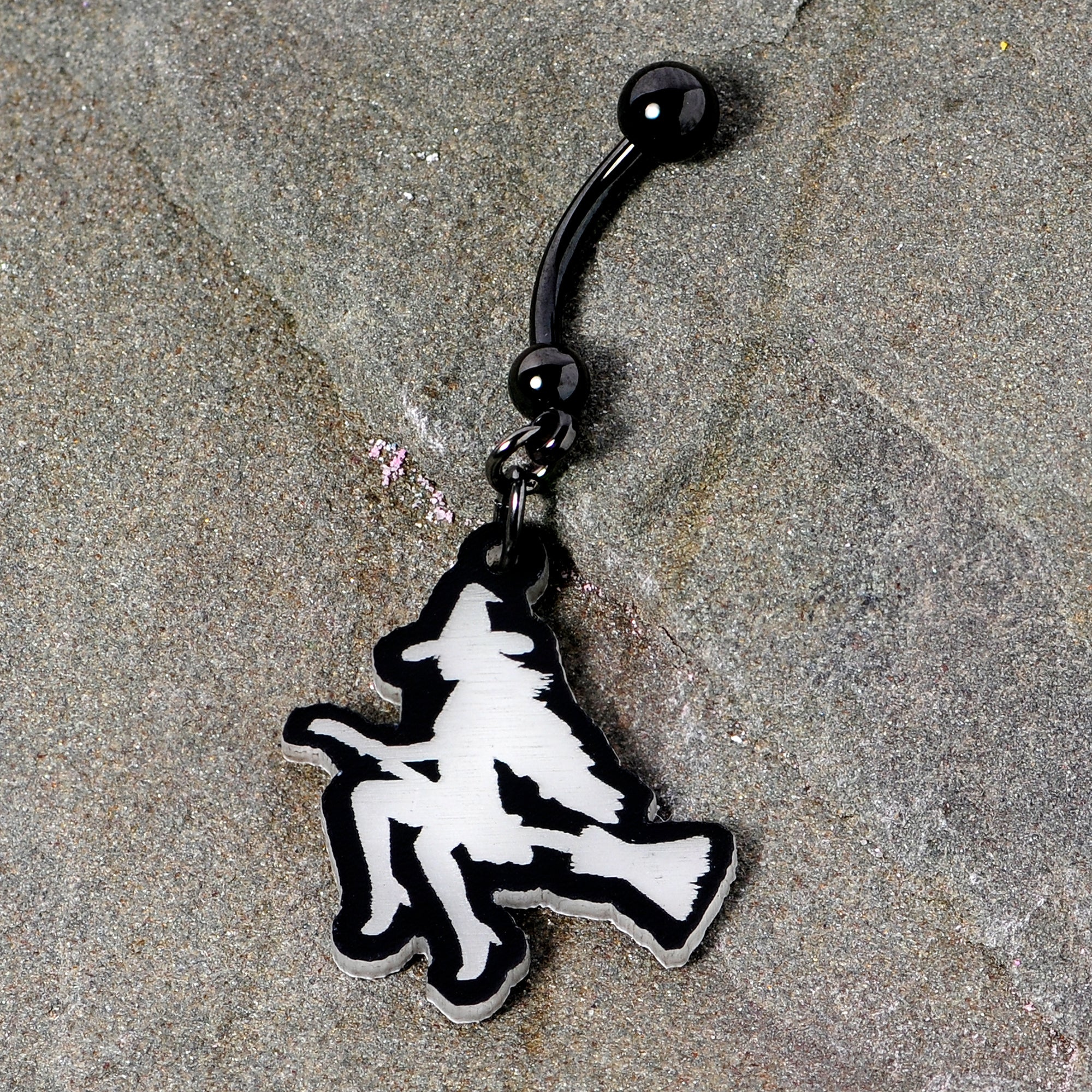 Glow in the Dark Halloween Flying Witch on Broom Dangle Belly Ring