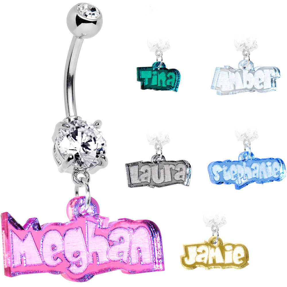 Custom Clear Gem Acrylic Lucite Name Dangle Hypoallergenic Stainless Steel Belly Ring