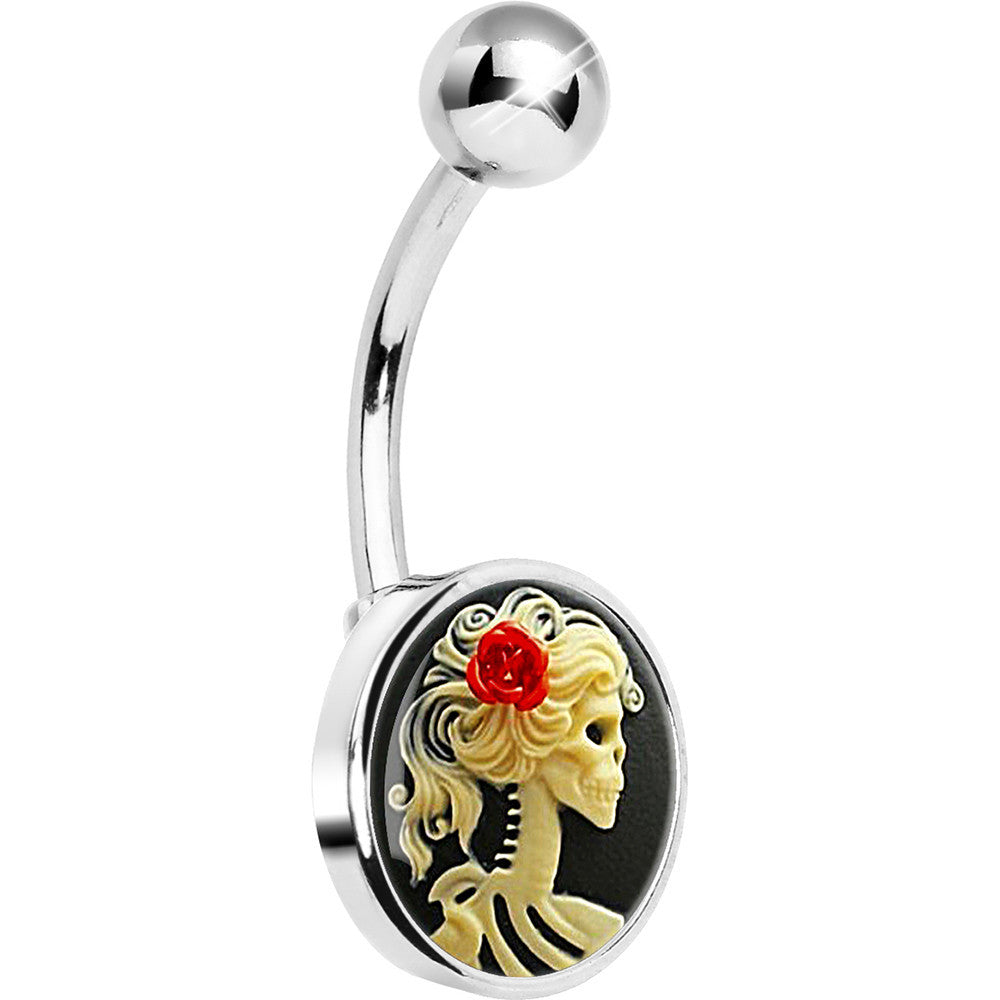 Red Rose Flower Skeleton Cameo Hypoallergenic Stainless Steel Belly Ring