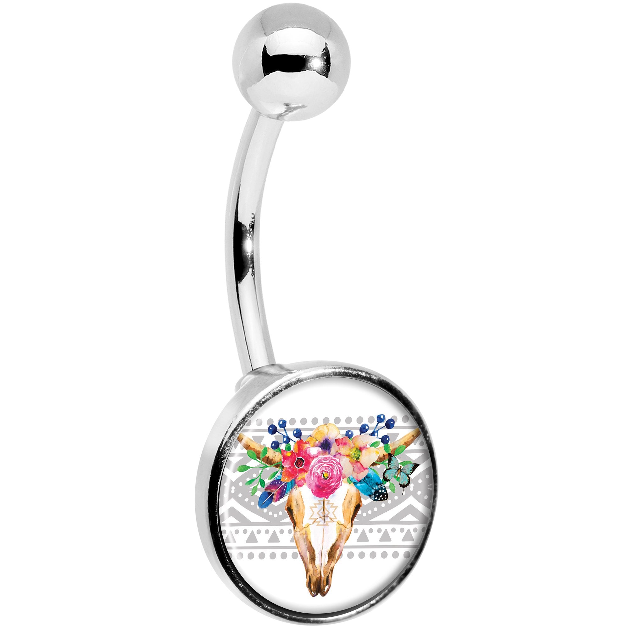 Watercolor Flower Animal Skull Stainless Steel Belly Ring stylish jewelry