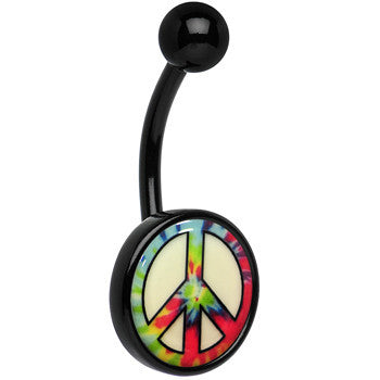 Glow in the Dark Titanium Tie Dyed Peace Sign Stainless Steel Belly Ring perfect for sensitive skin