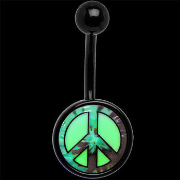 Glow in the Dark Titanium Tie Dyed Peace Sign Stainless Steel Belly Ring handmade design