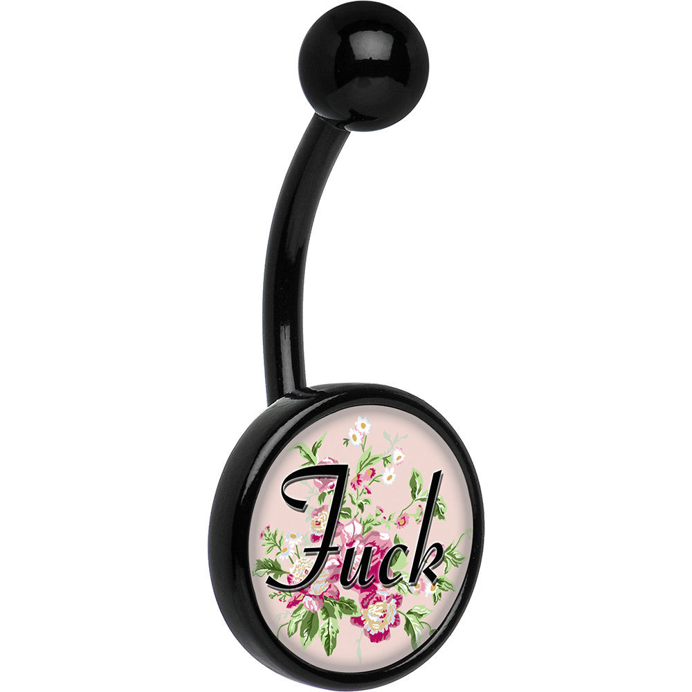 Black Titanium Pink Floral F*ck Hypoallergenic Stainless Steel Belly Ring