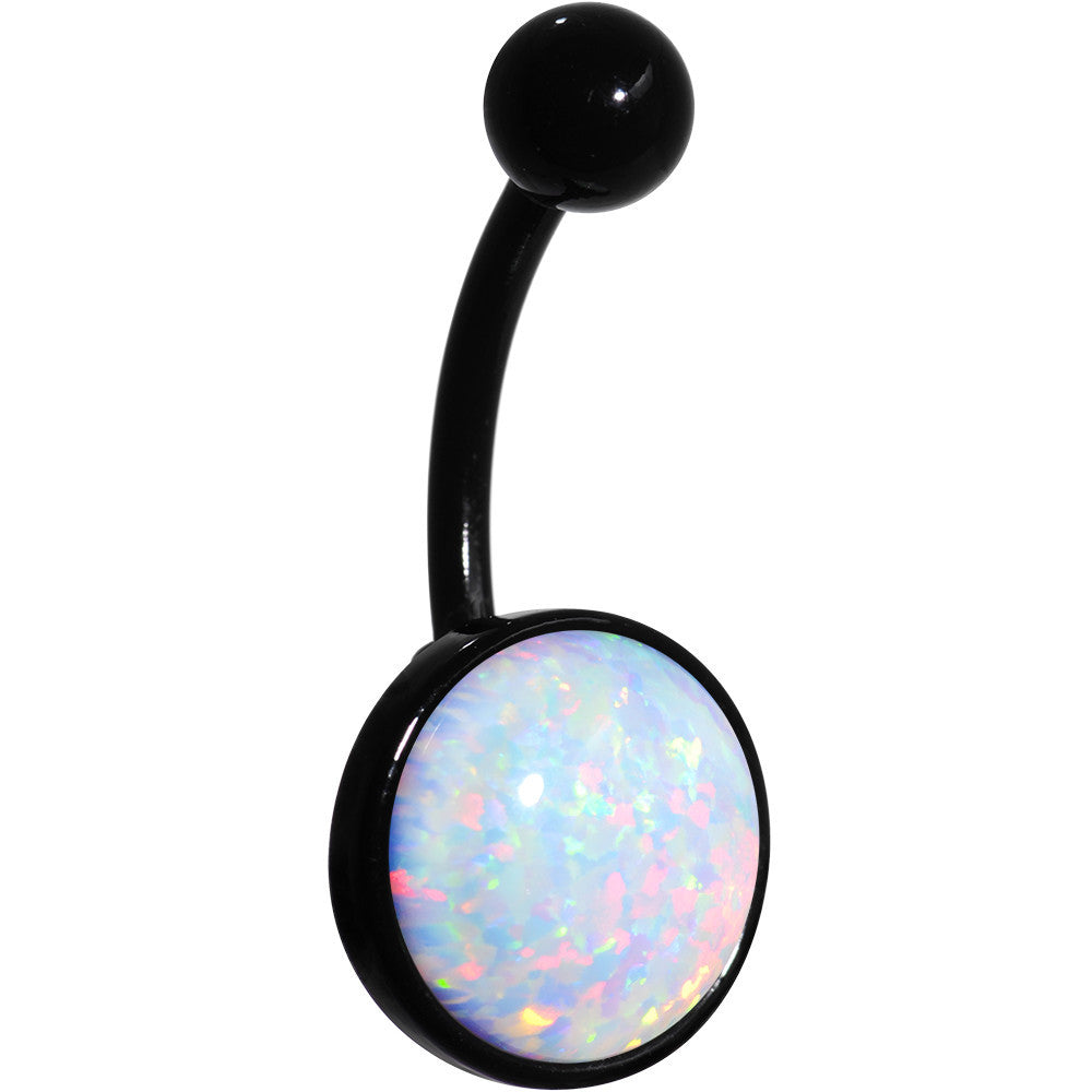 White Synthetic Opal Black Anodized Bottom Mount Hypoallergenic Stainless Steel Belly Ring