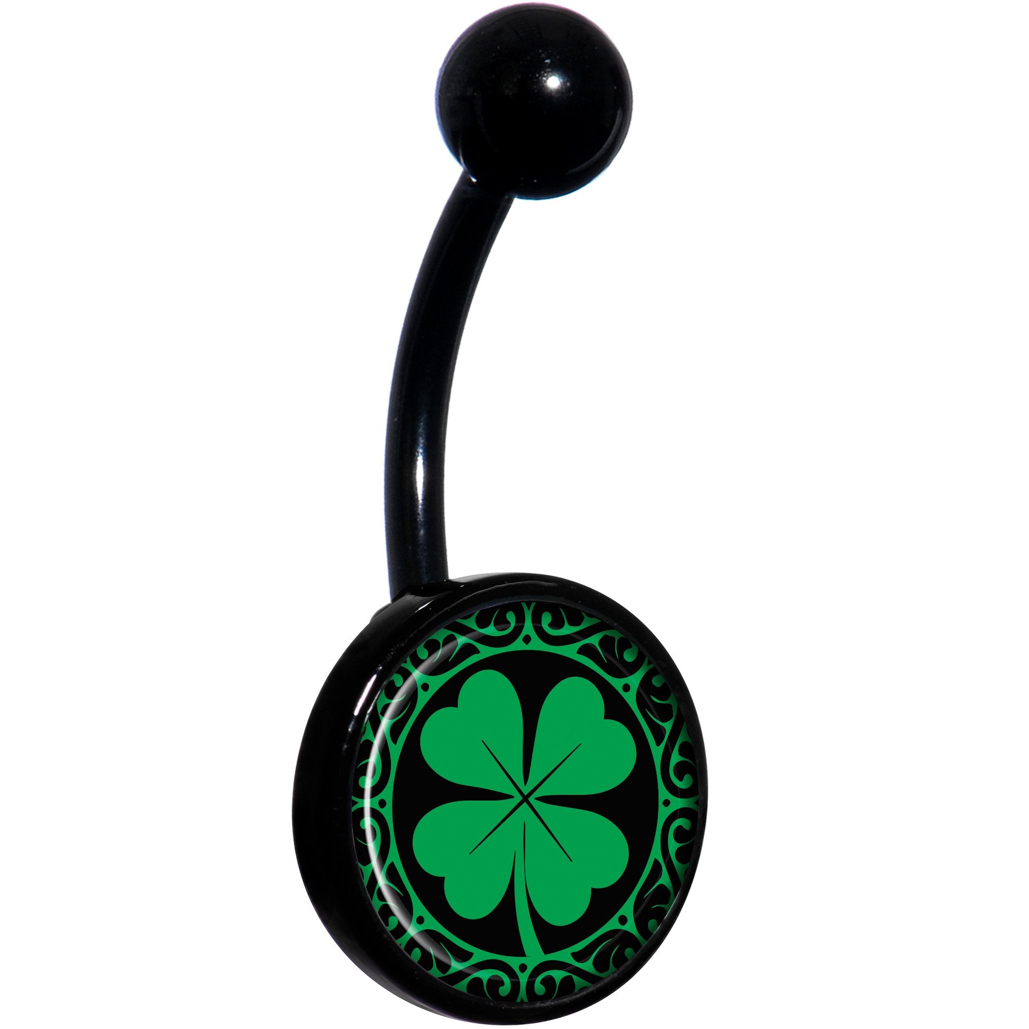 Green St Patricks Day Shamrock Black Hypoallergenic Stainless Steel Belly Ring
