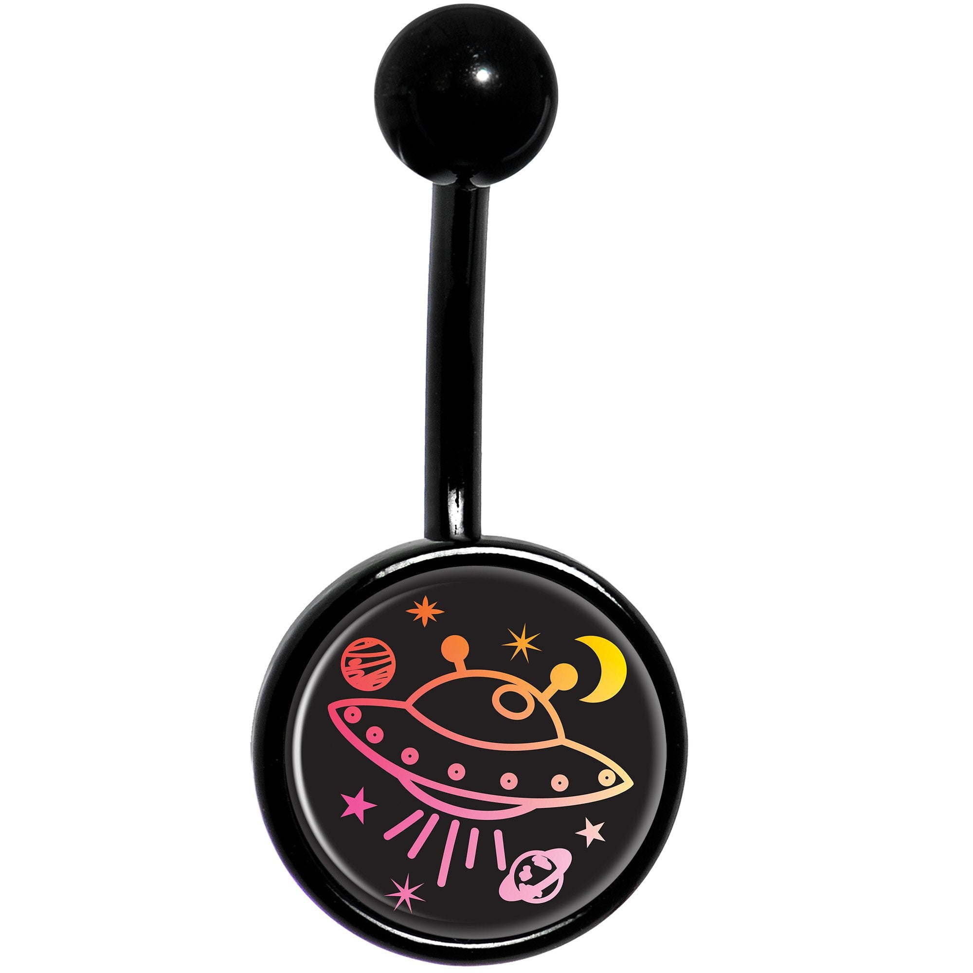 Pretty Pink UFO in Space Black Stainless Steel Belly Ring lightweight comfortable